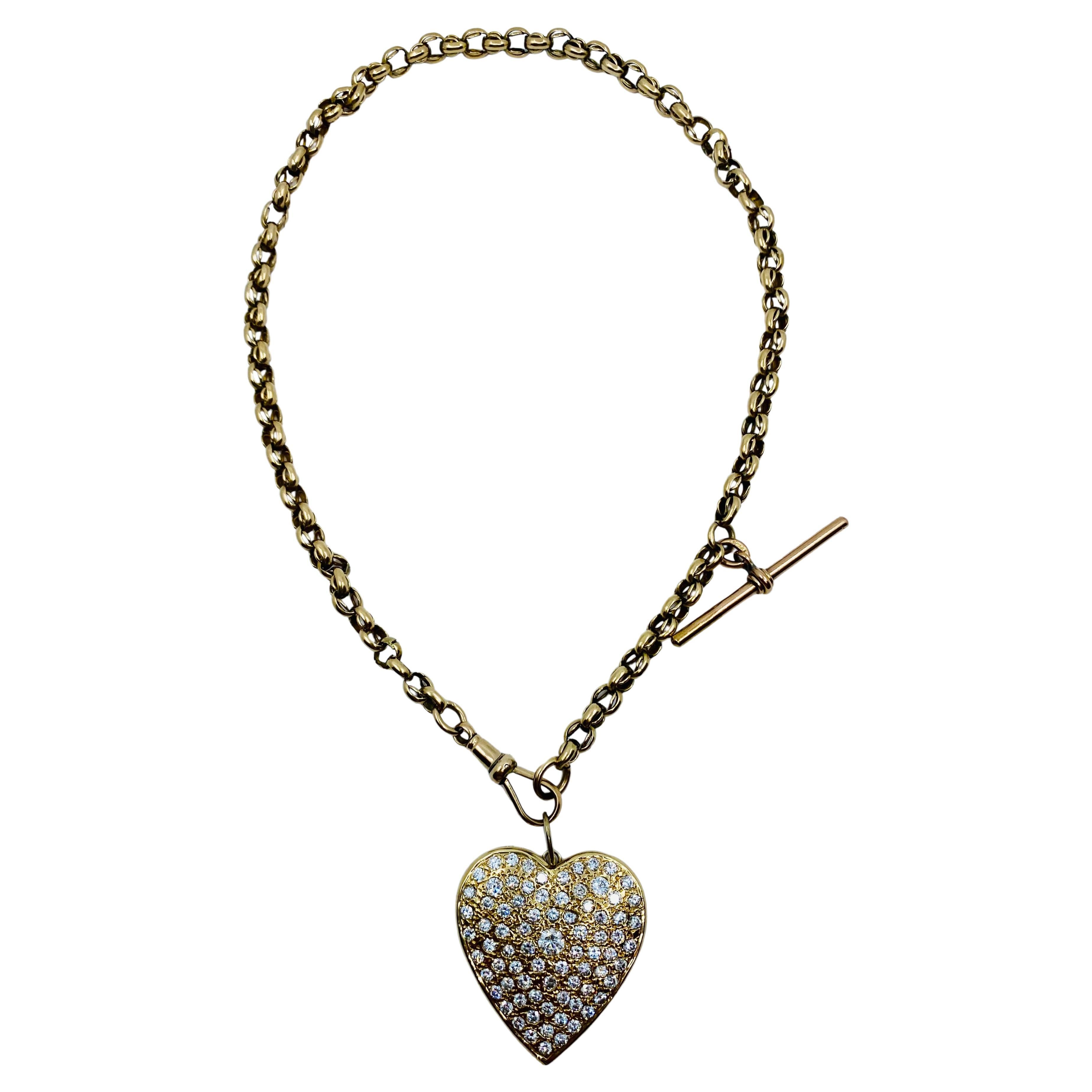 Antique Chain Necklace 9k Gold Diamond Heart 14K Gold Pendant For Sale 4