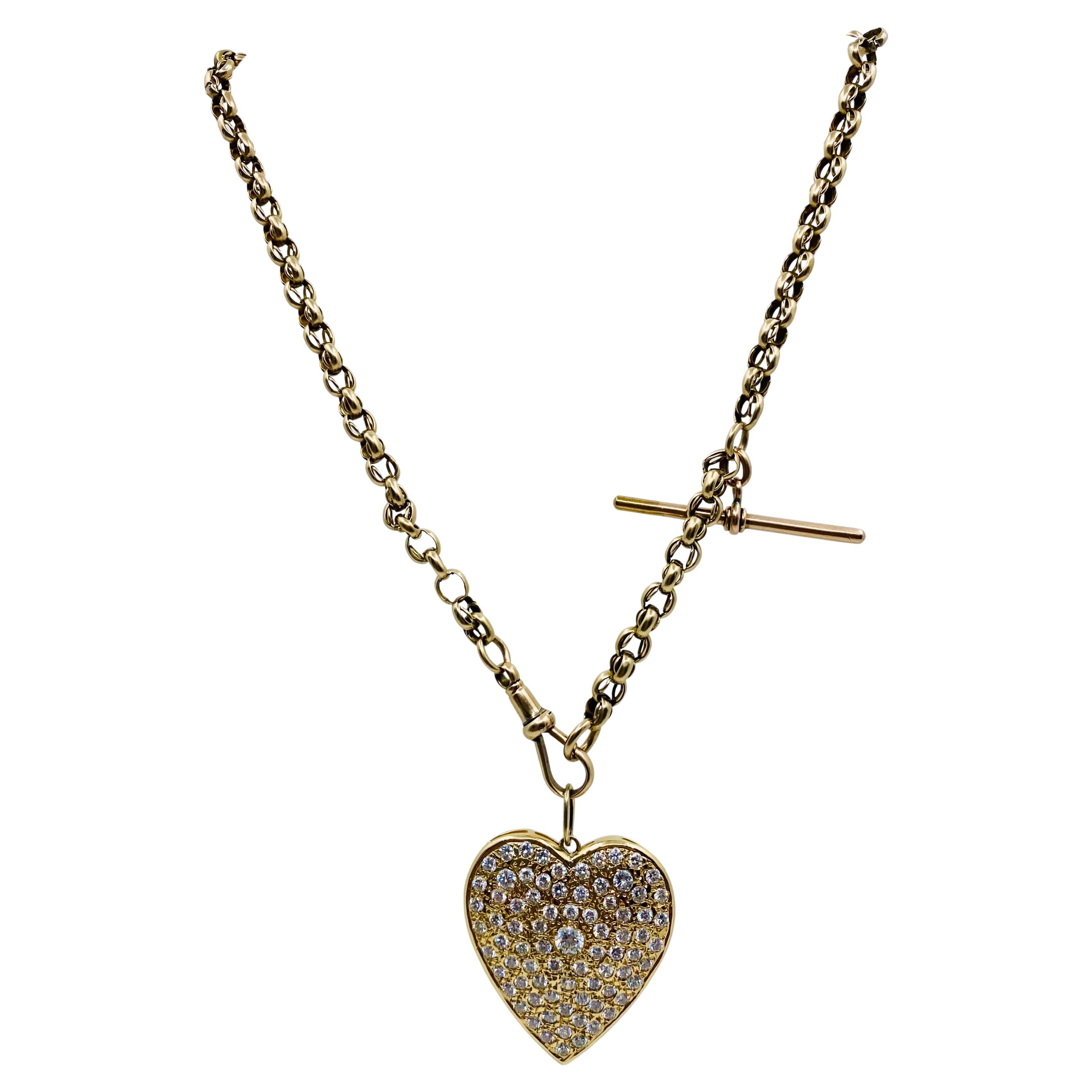 Antique Chain Necklace 9k Gold Diamond Heart 14K Gold Pendant For Sale
