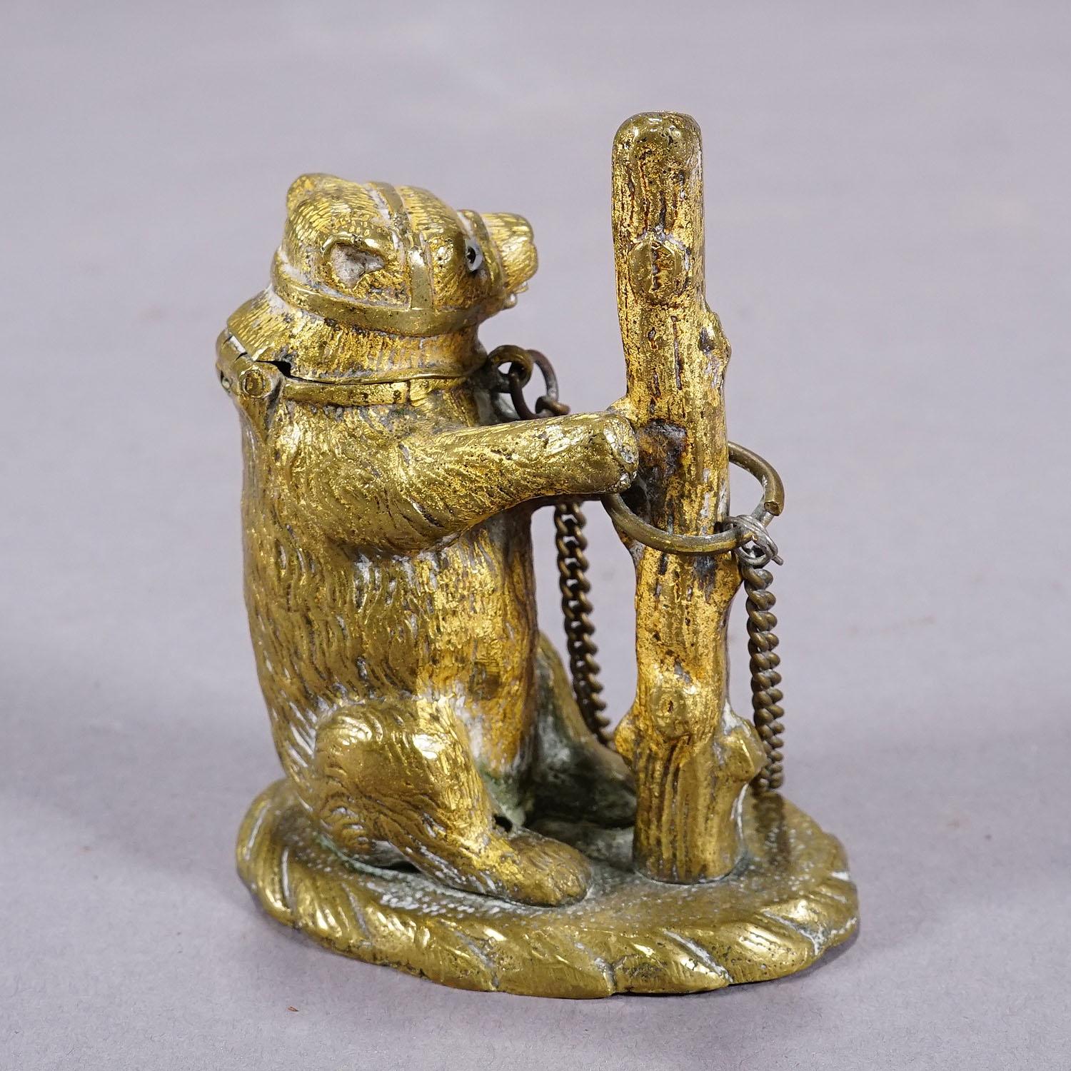 Victorian Antique Chained Bear Pillbox Made of Brass For Sale