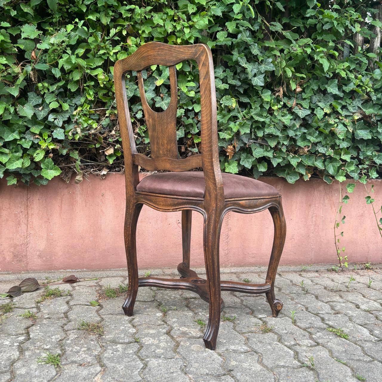 Antique chairs  6 pieces  solid oak & reupholstered leather For Sale 4