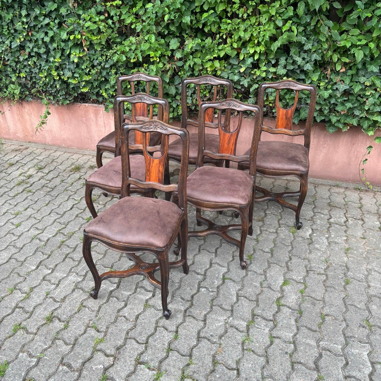 Art Nouveau Antique chairs  6 pieces  solid oak & reupholstered leather For Sale