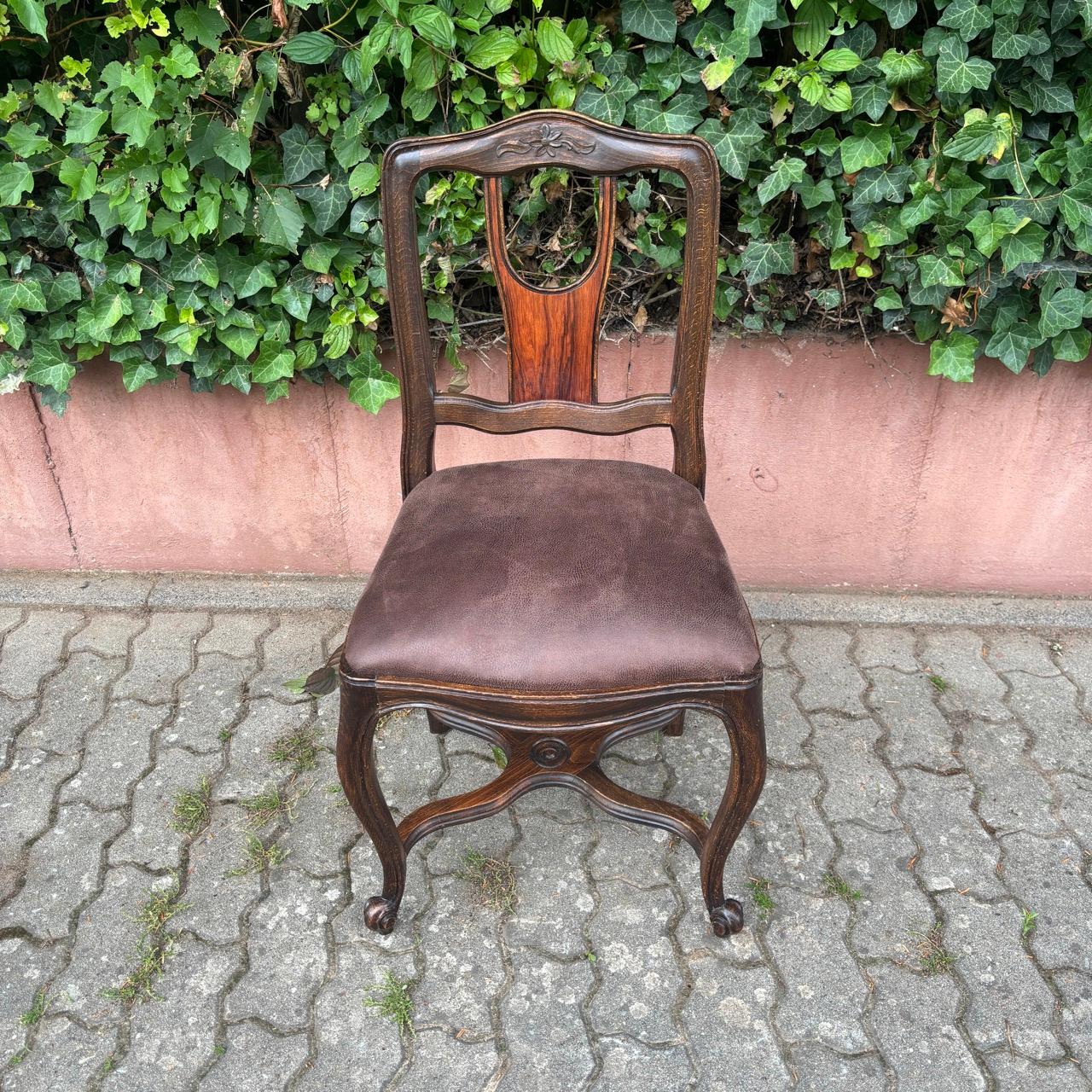 French Antique chairs  6 pieces  solid oak & reupholstered leather For Sale