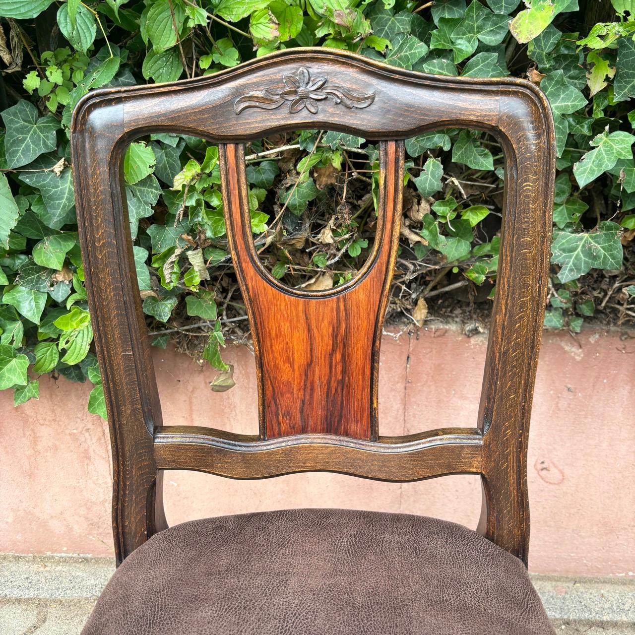 Early 20th Century Antique chairs  6 pieces  solid oak & reupholstered leather For Sale