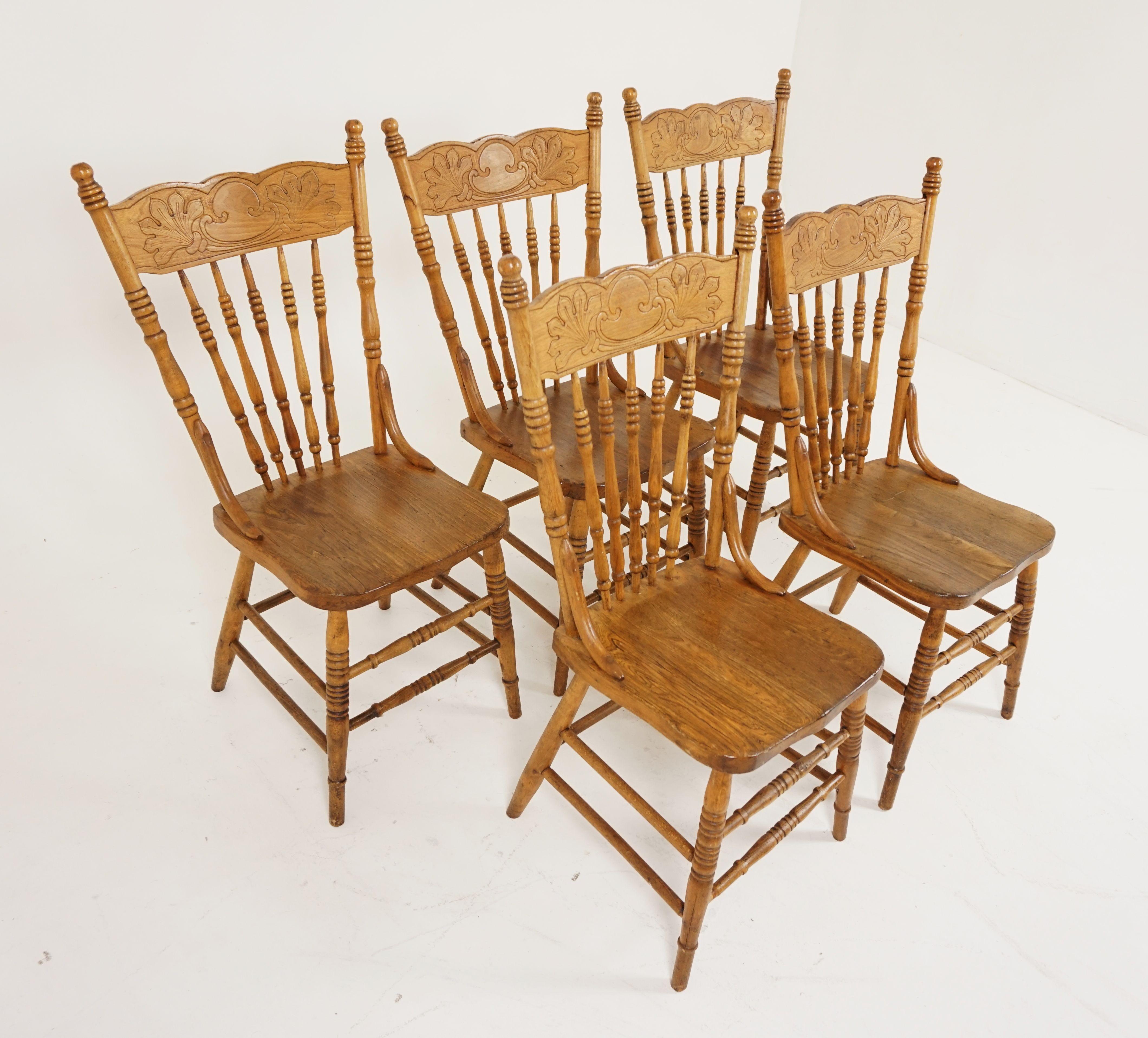 Antique chairs, set of five, matching ash Presstack chairs, solid seats, American 1900, B2066

American, 1900
Solid ash construction
Carved top rail with finials on top
Five turned spindles underneath
Solid ash wooden seat
Standing on four