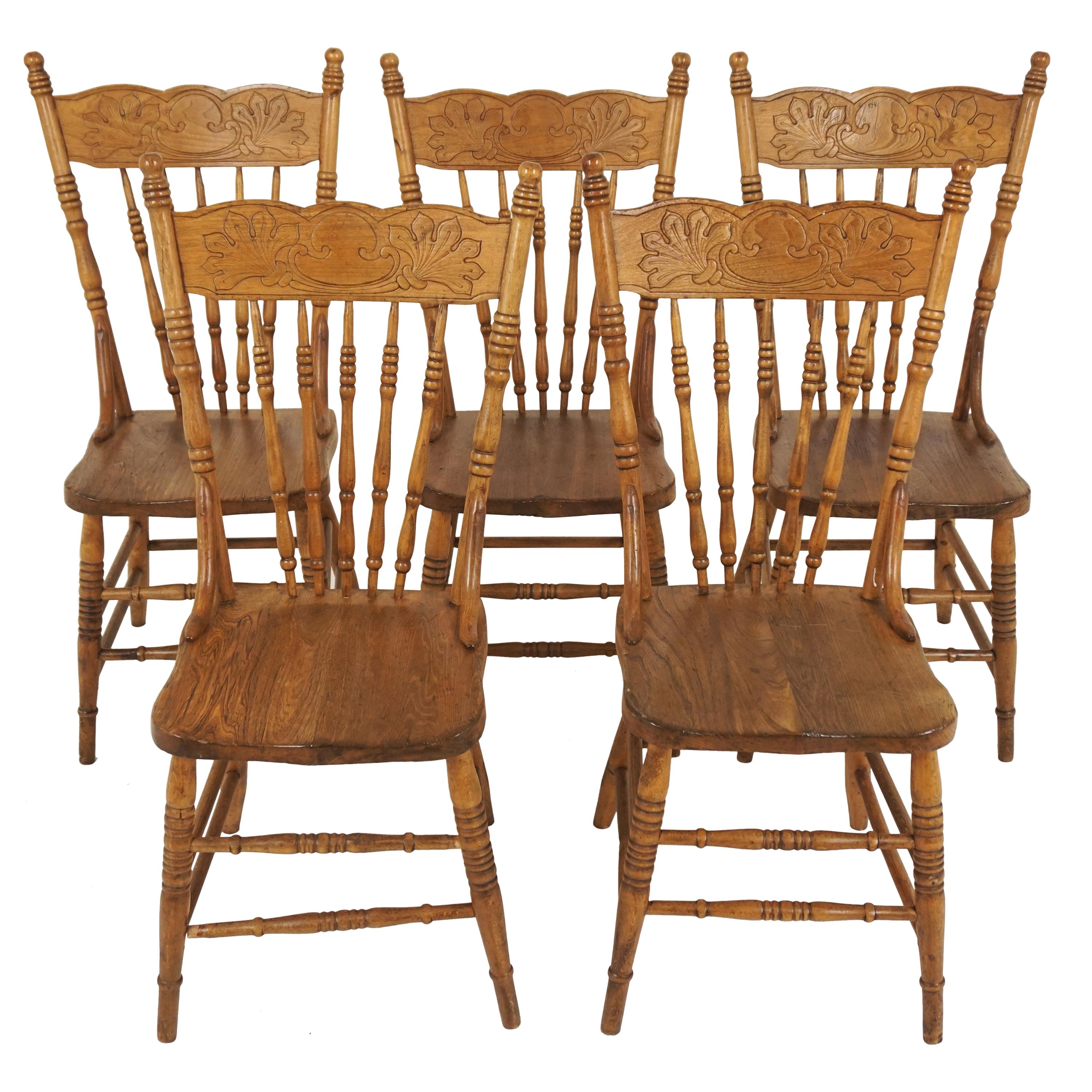 Antique Chairs, Set of 5, Ash Presstack Chairs, Solid Seats, American 1900 B2066