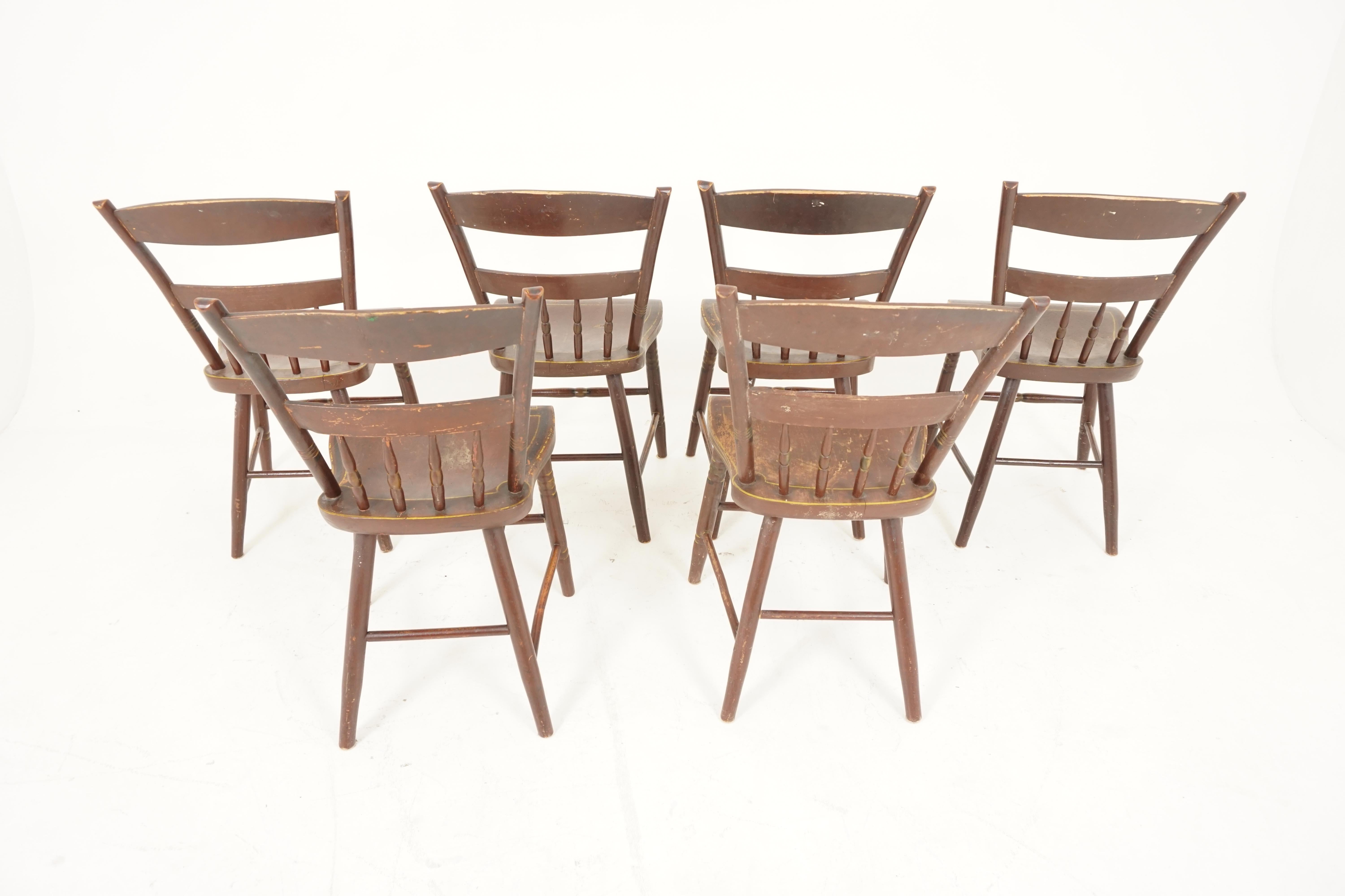 Hardwood Antique Chairs, Set of 6, Pennsylvania Dutch Painted Plank Bottom Chairs, 1890s