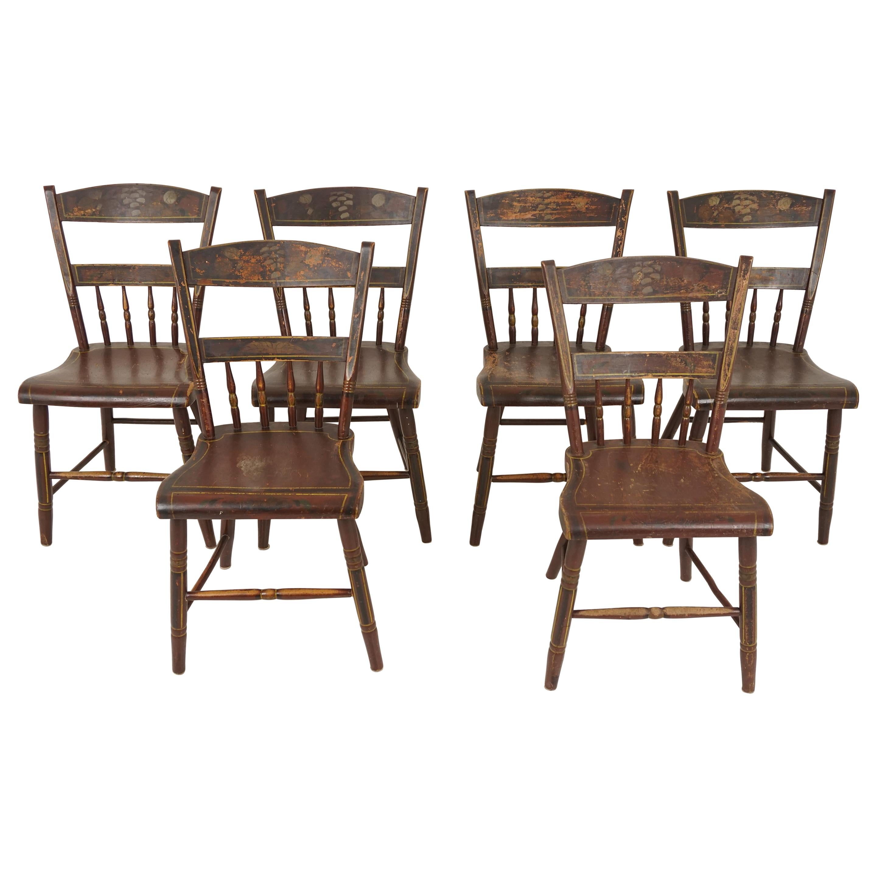 Antique Chairs, Set of 6, Pennsylvania Dutch Painted Plank Bottom Chairs, 1890s