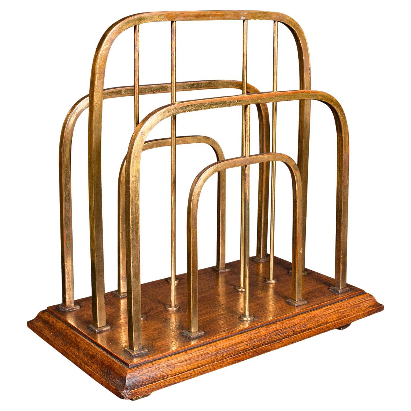 Antique Chairside Newspaper Rack, English, Oak, Brass, Magazine Stand, Edwardian