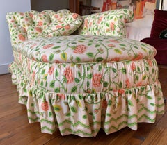 Antique Chaise Longue, Pink Tea Rose Cream, Chintz Skirt & Pillow, Tufted Lounge