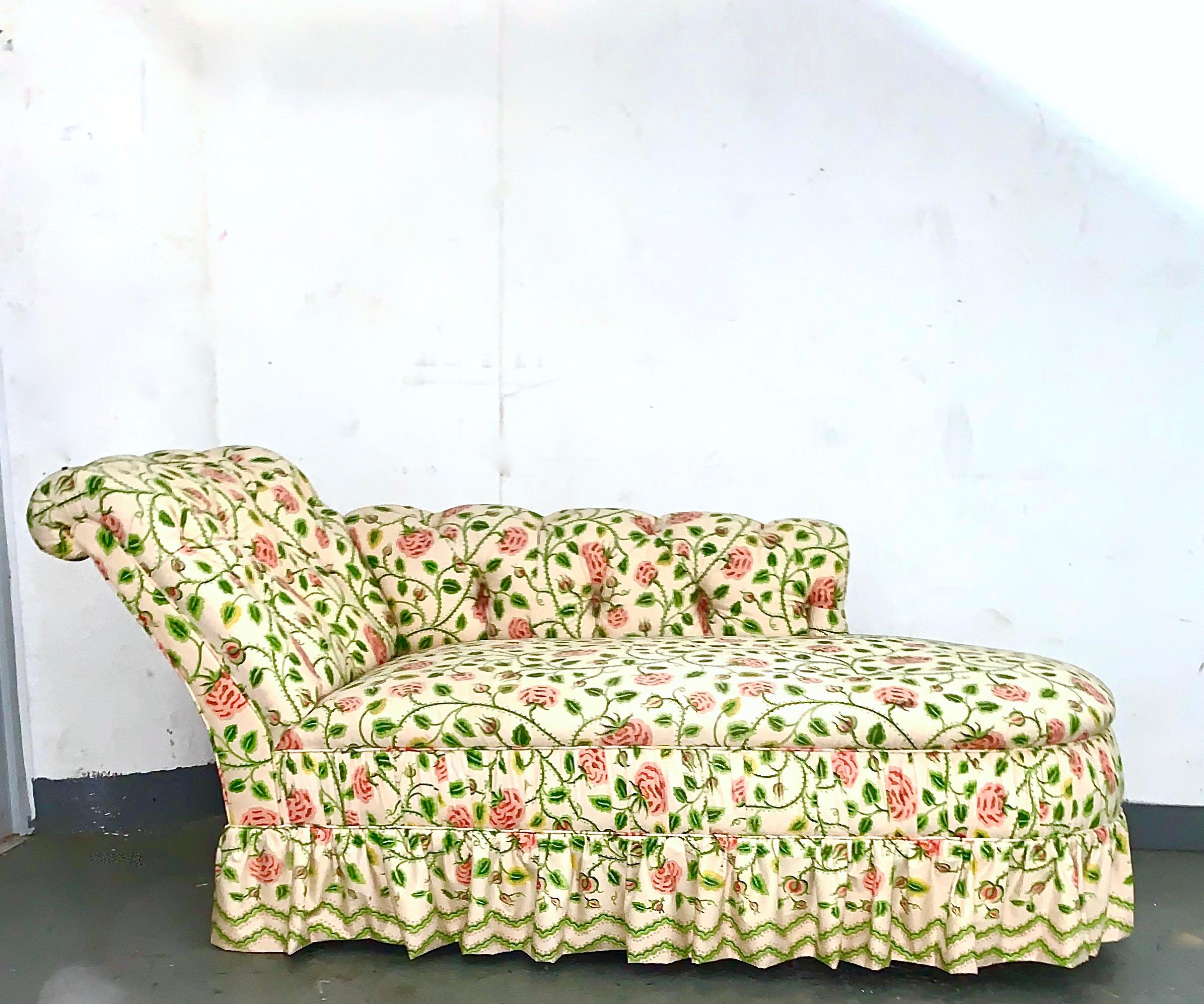 Textile Antique Chaise Longue, Pink Tea Rose, Chintz Skirt & Pillow Lounge