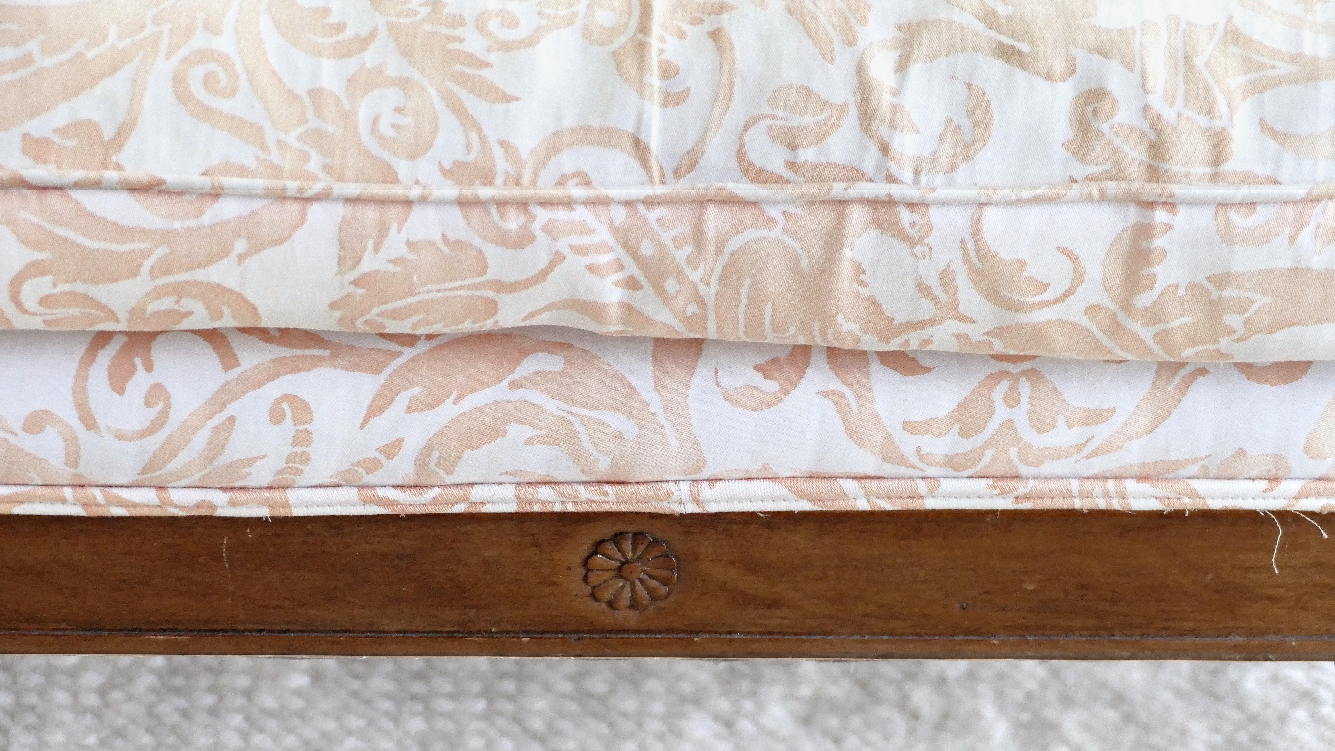 19th Century Antique Chaise Lounge Upholstered in Fortuny Fabric with a Carved Wood Frame