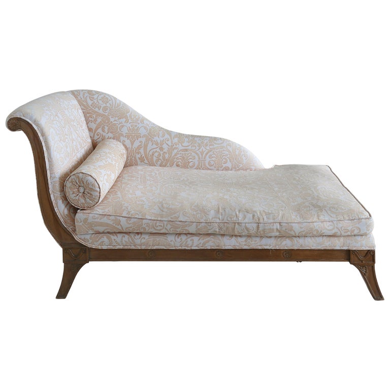 Antique Chaise Lounge Upholstered in Fortuny Fabric with a Carved Wood  Frame For Sale at 1stDibs | vintage chaise lounge, chaise lounge antique,  upholstered chaise lounge