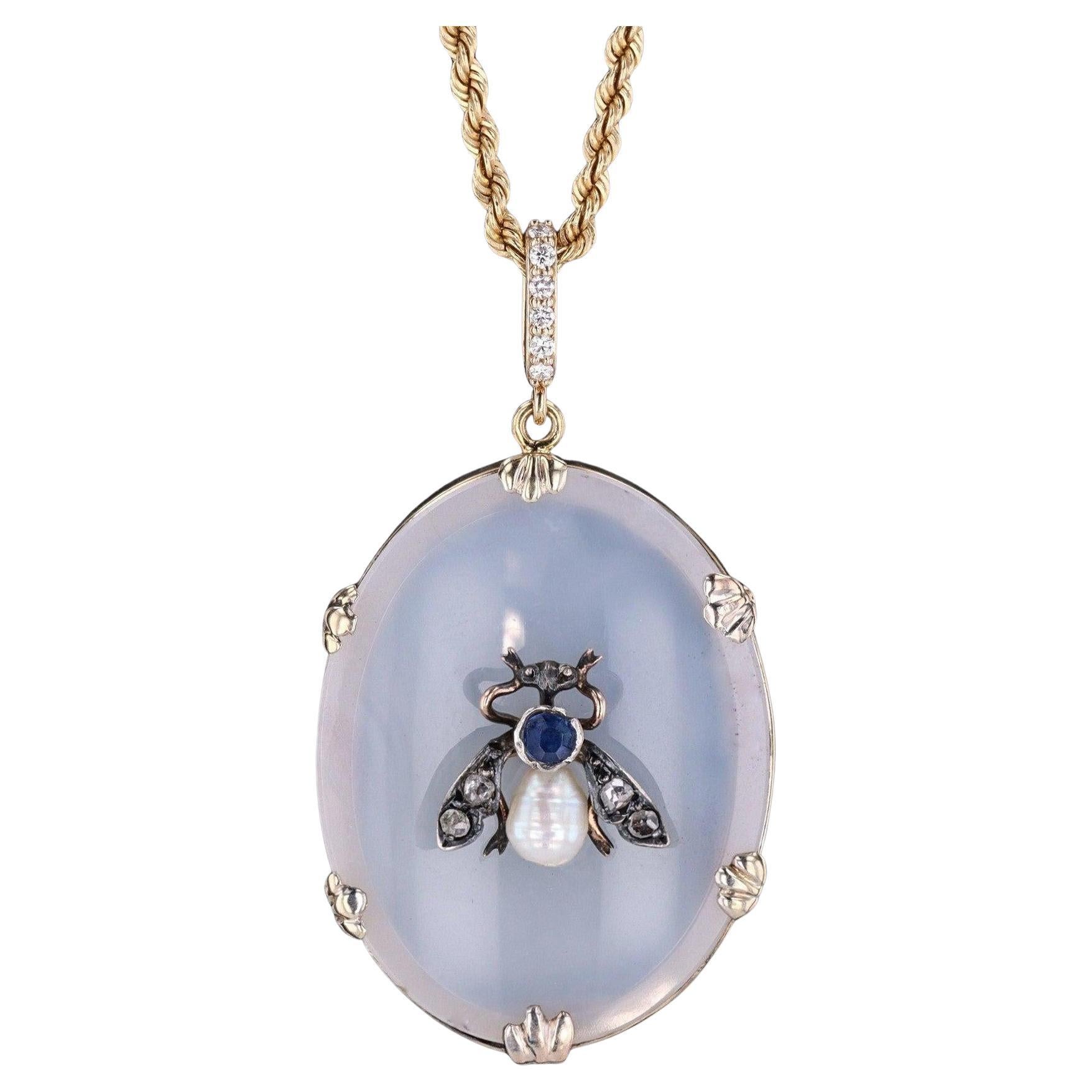 Antique Chalcedony and Gemstone Bug Necklace on 14k Gold