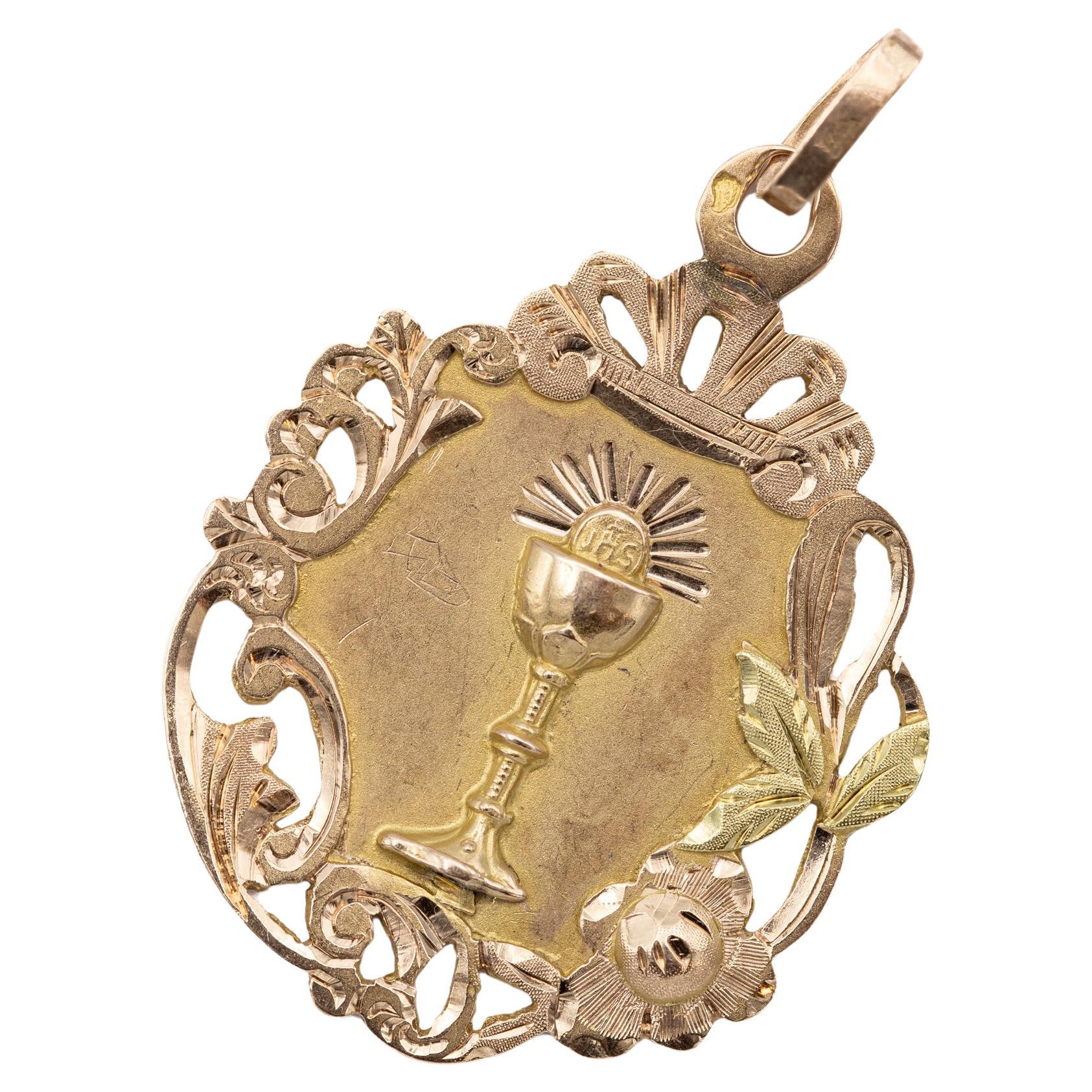 Antique Chalice & host - French 18k Gold Antique charm - 1906 - Catholic pendant