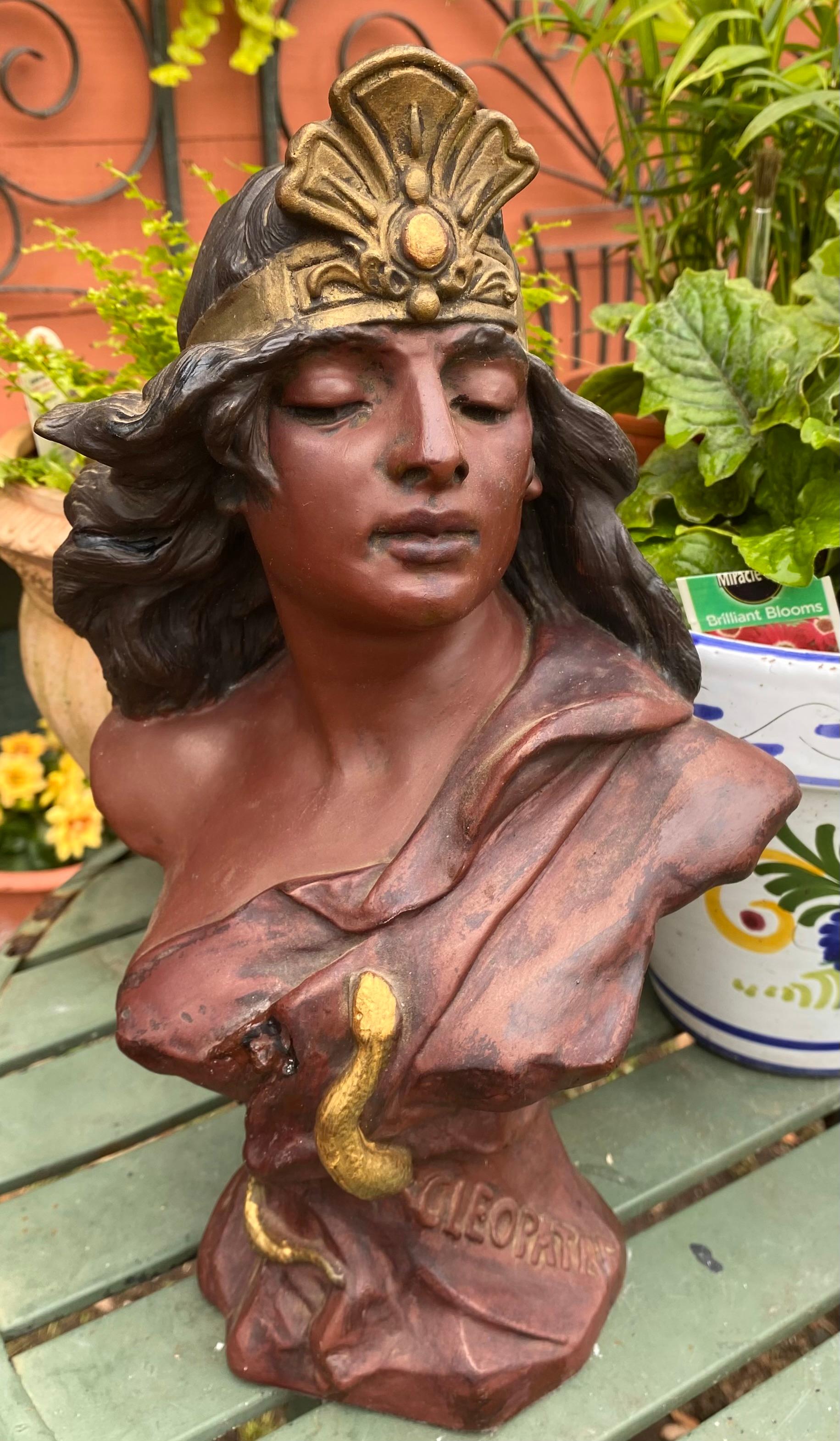 Antique Chalk Bust of “Cleopatra” with Head Band and Asp For Sale 4