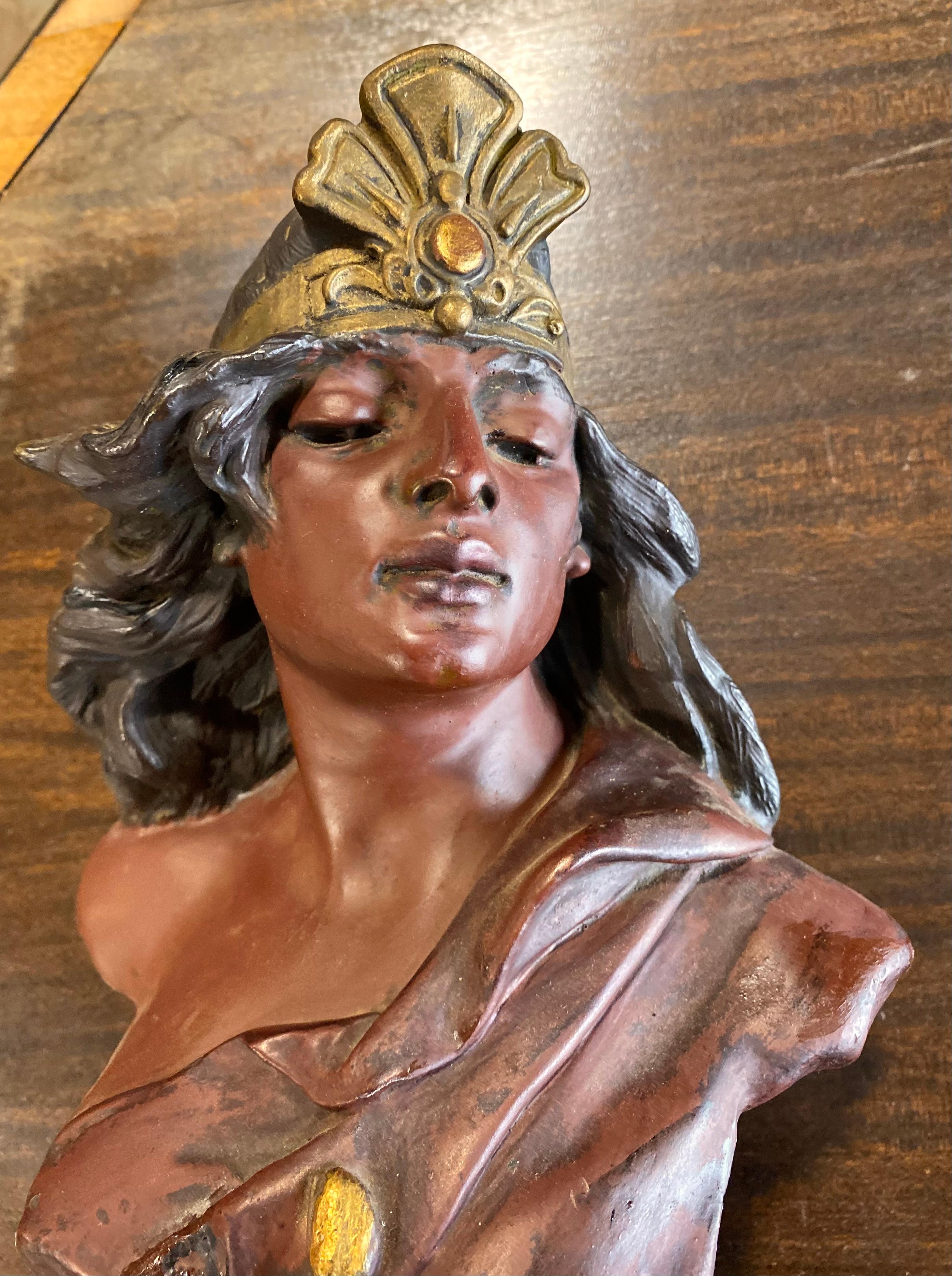 French Antique Chalk Bust of “Cleopatra” with Head Band and Asp For Sale
