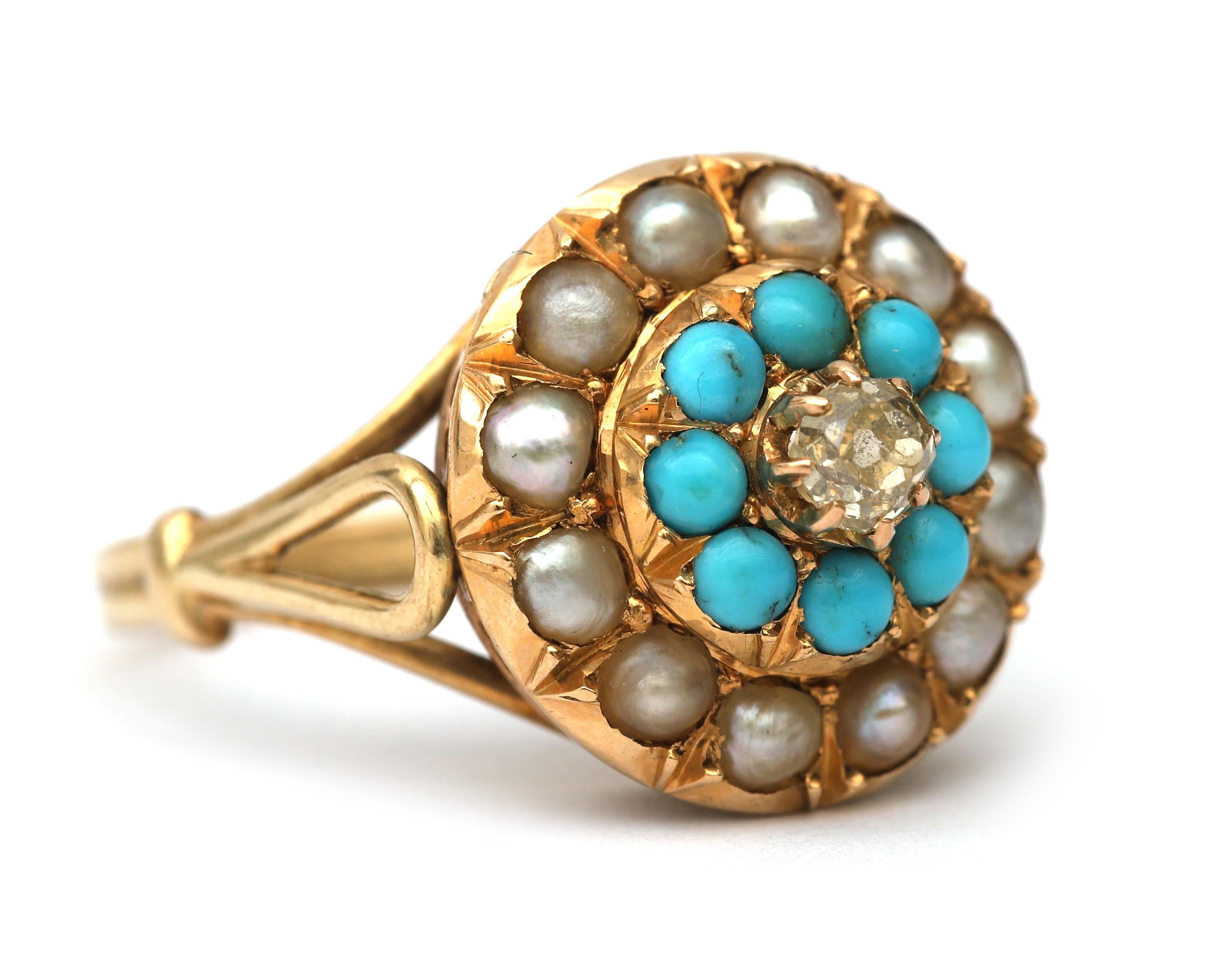 Indulge in the opulent allure of this antique 14 karat gold ring, a masterpiece of elegance and sophistication. Around the center, button-shaped turquoise stones glitter, radiating a captivating hue reminiscent of the azure sea. Surrounding these