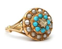 Antique Champagne Diamond Turquoise and Pearl Gold Ring