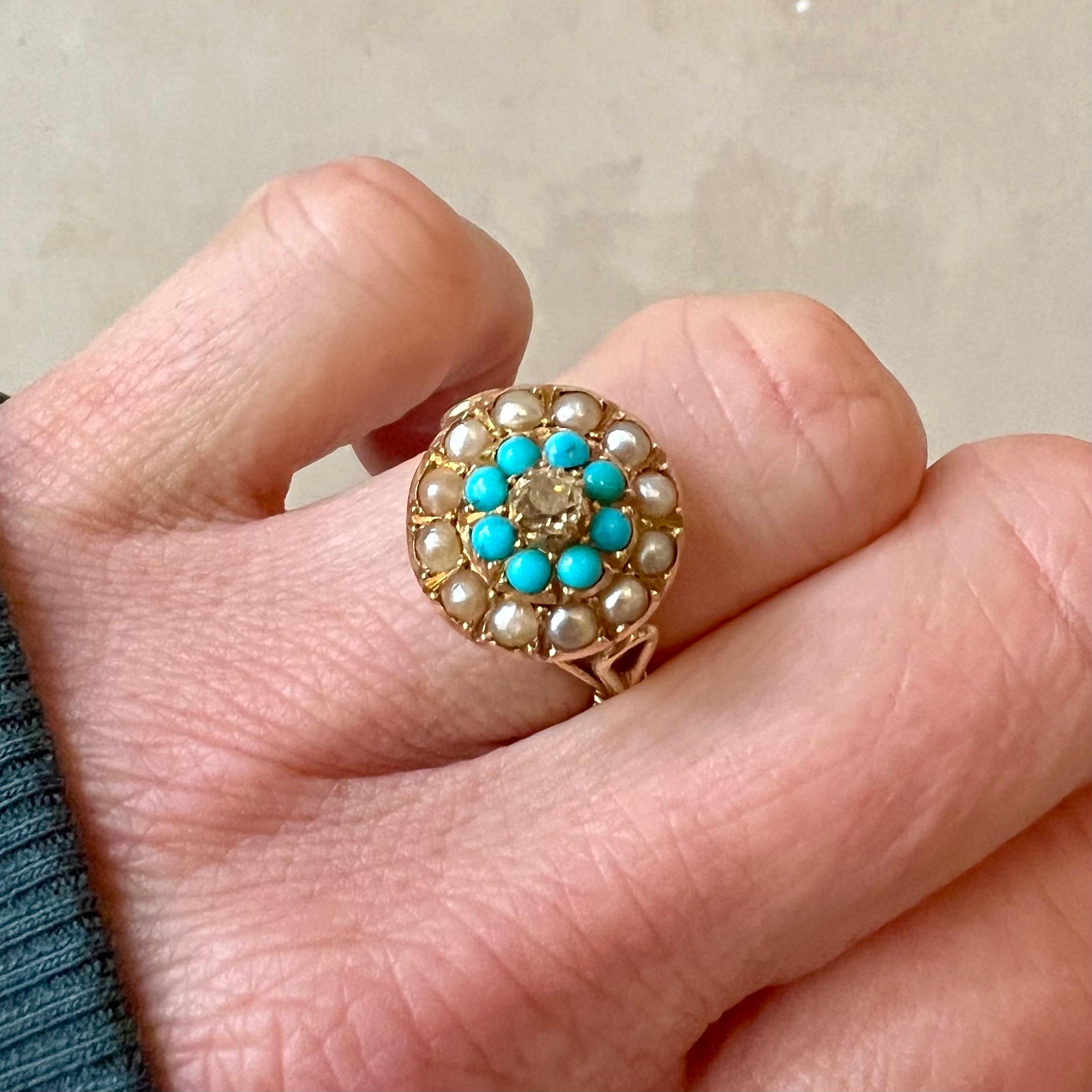 Women's Antique Champagne Diamond Turquoise and Pearl Gold Ring For Sale