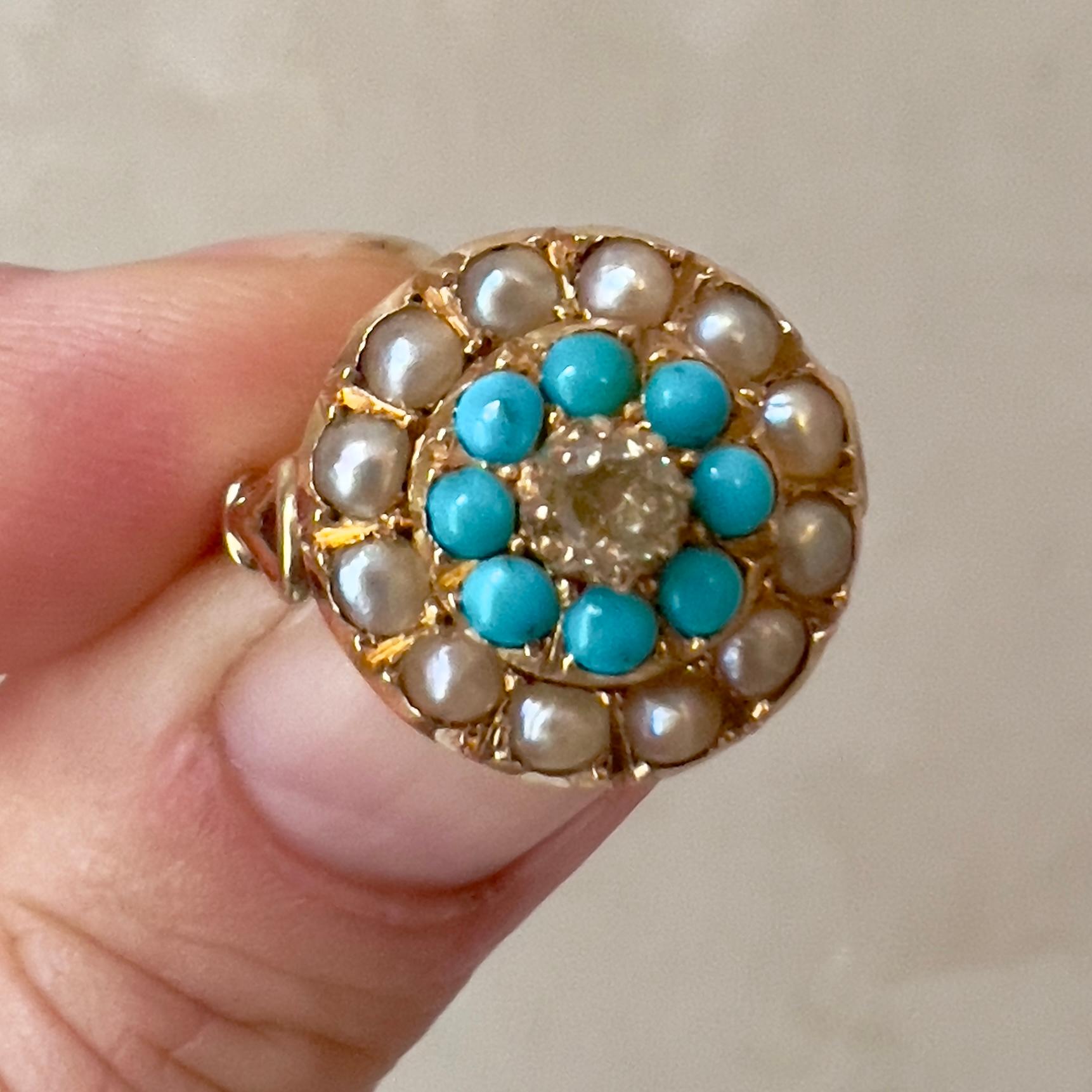Antique Champagne Diamond Turquoise and Pearl Gold Ring For Sale 1