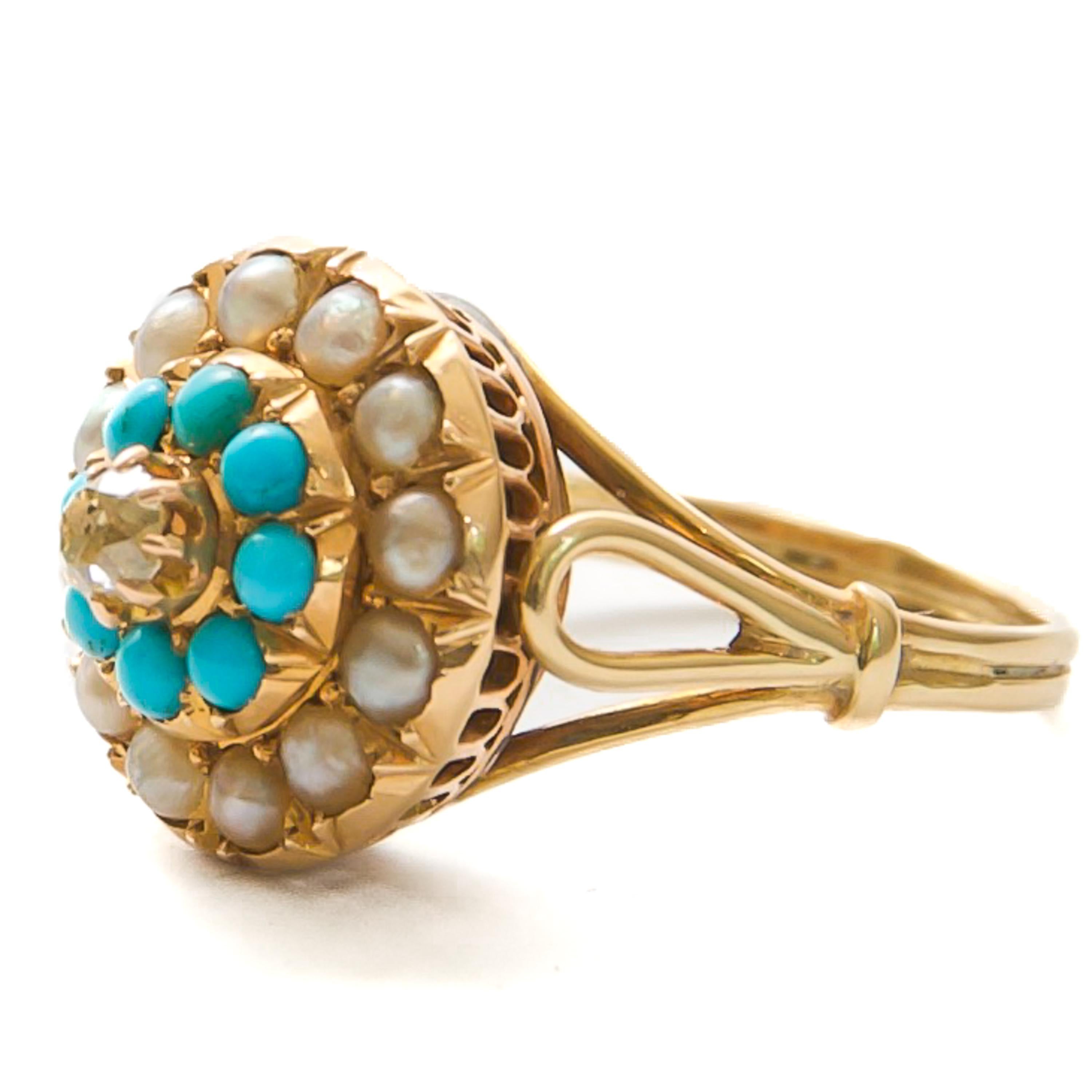 Antique Champagne Diamond Turquoise and Pearl Gold Ring For Sale 2
