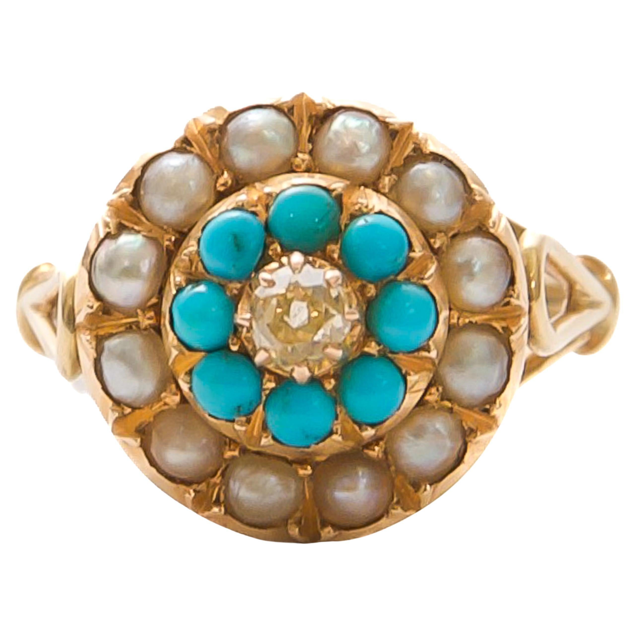 Antique Champagne Diamond Turquoise and Pearl Gold Ring For Sale