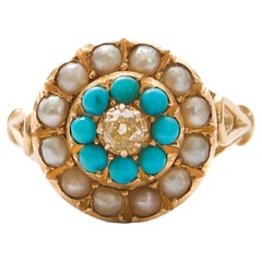 Antique Champagne Diamond Turquoise and Pearl Gold Ring