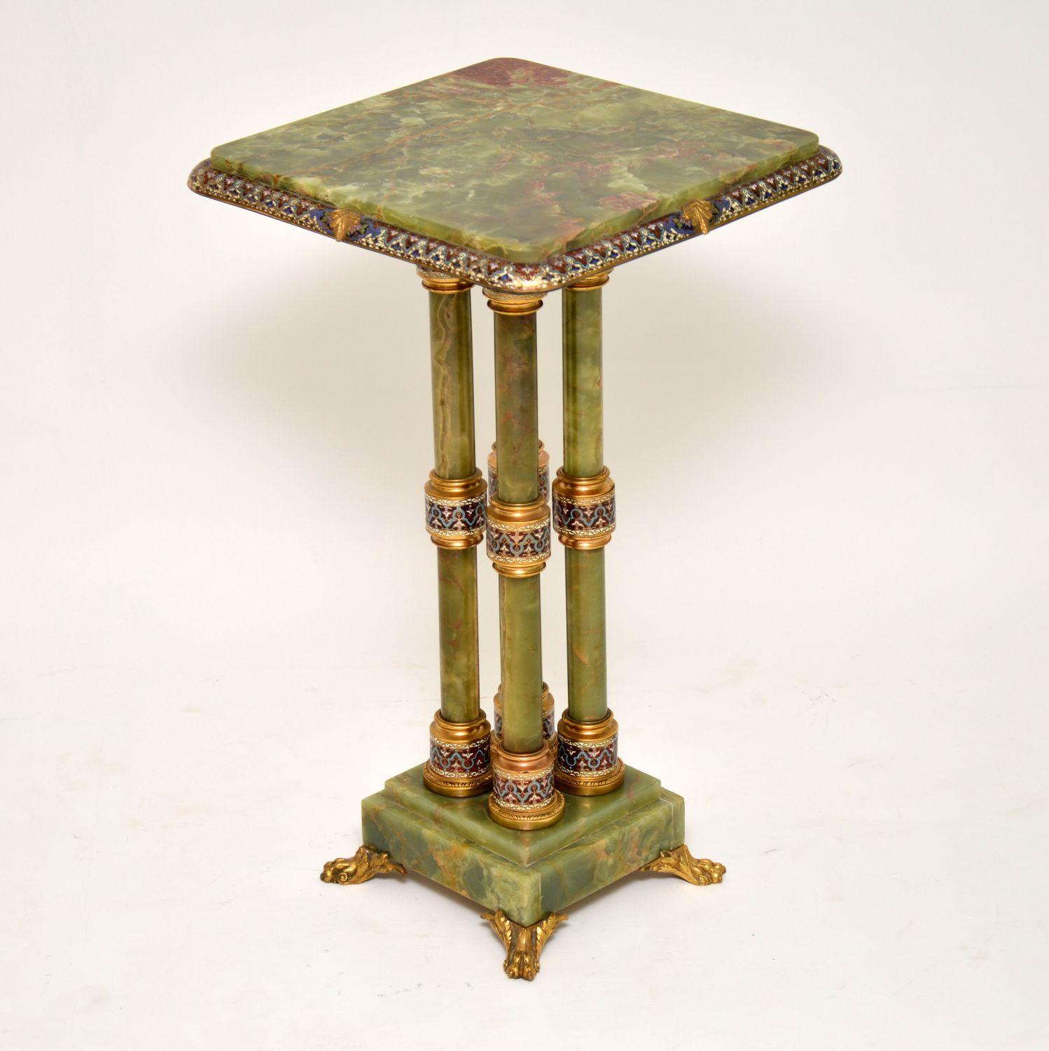 Neoclassical Antique Champlevé and Cloisonné Enamel Mounted Git Bronze Onyx Table Stand