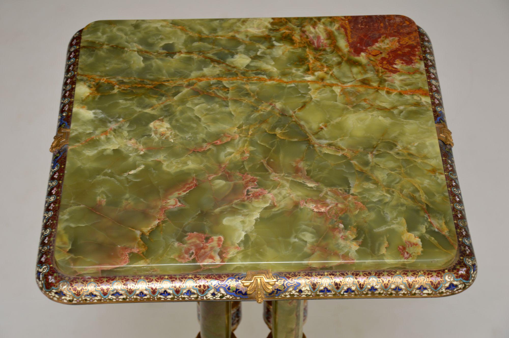 French Antique Champlevé and Cloisonné Enamel Mounted Git Bronze Onyx Table Stand