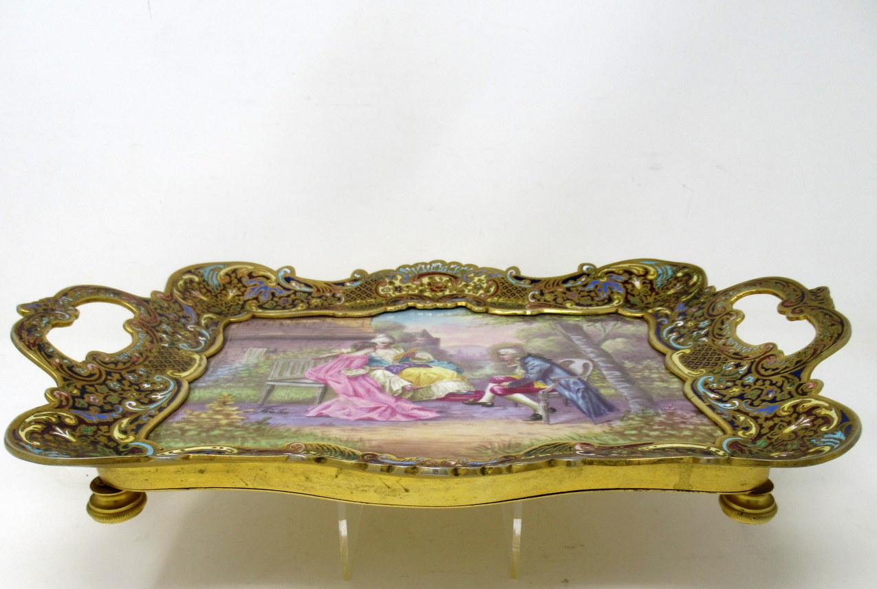 Antique Champleve Enamel Hand Painted Sevres Porcelain Ormolu Bronze Tray Signed 4