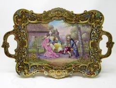 Antike Champleve Emaille Hand gemalt Sèvres Porzellan Ormolu Bronze Tablett Signiert
