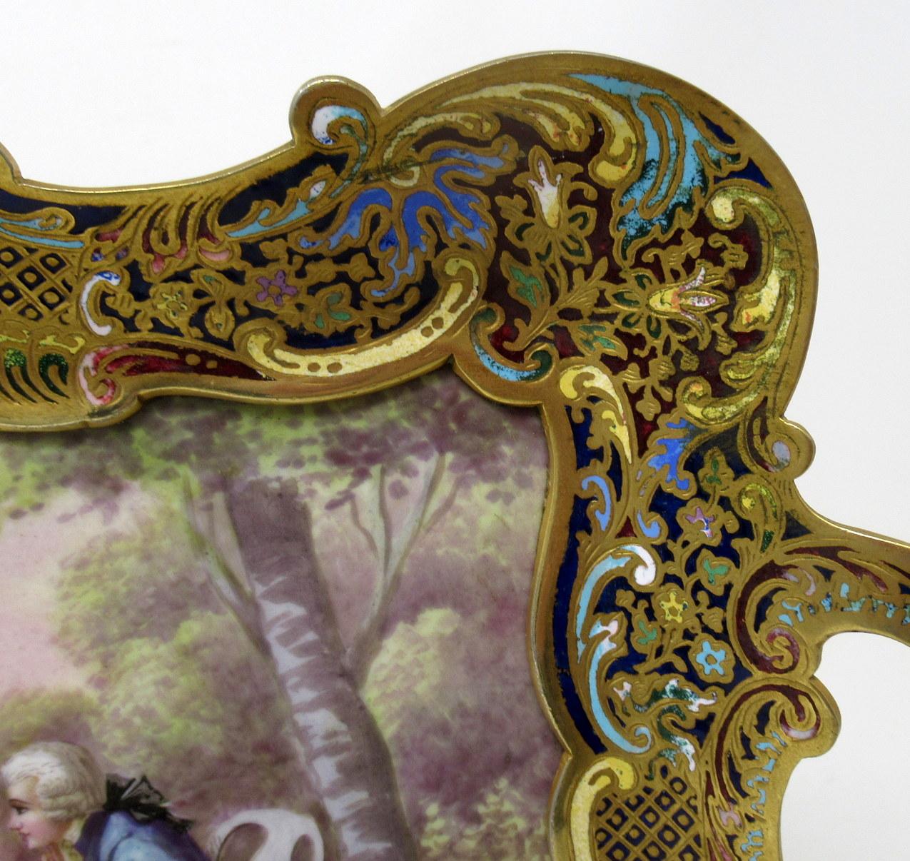 Antique Champleve Enamel Hand Painted Sevres Porcelain Ormolu Bronze Tray Signed In Good Condition In Dublin, Ireland