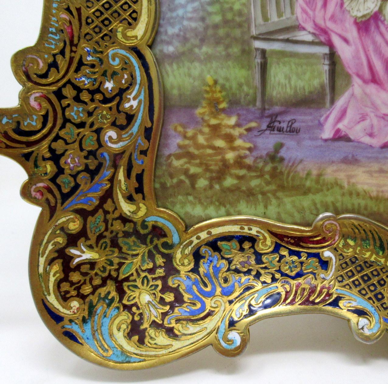 19th Century Antique Champleve Enamel Hand Painted Sevres Porcelain Ormolu Bronze Tray Signed