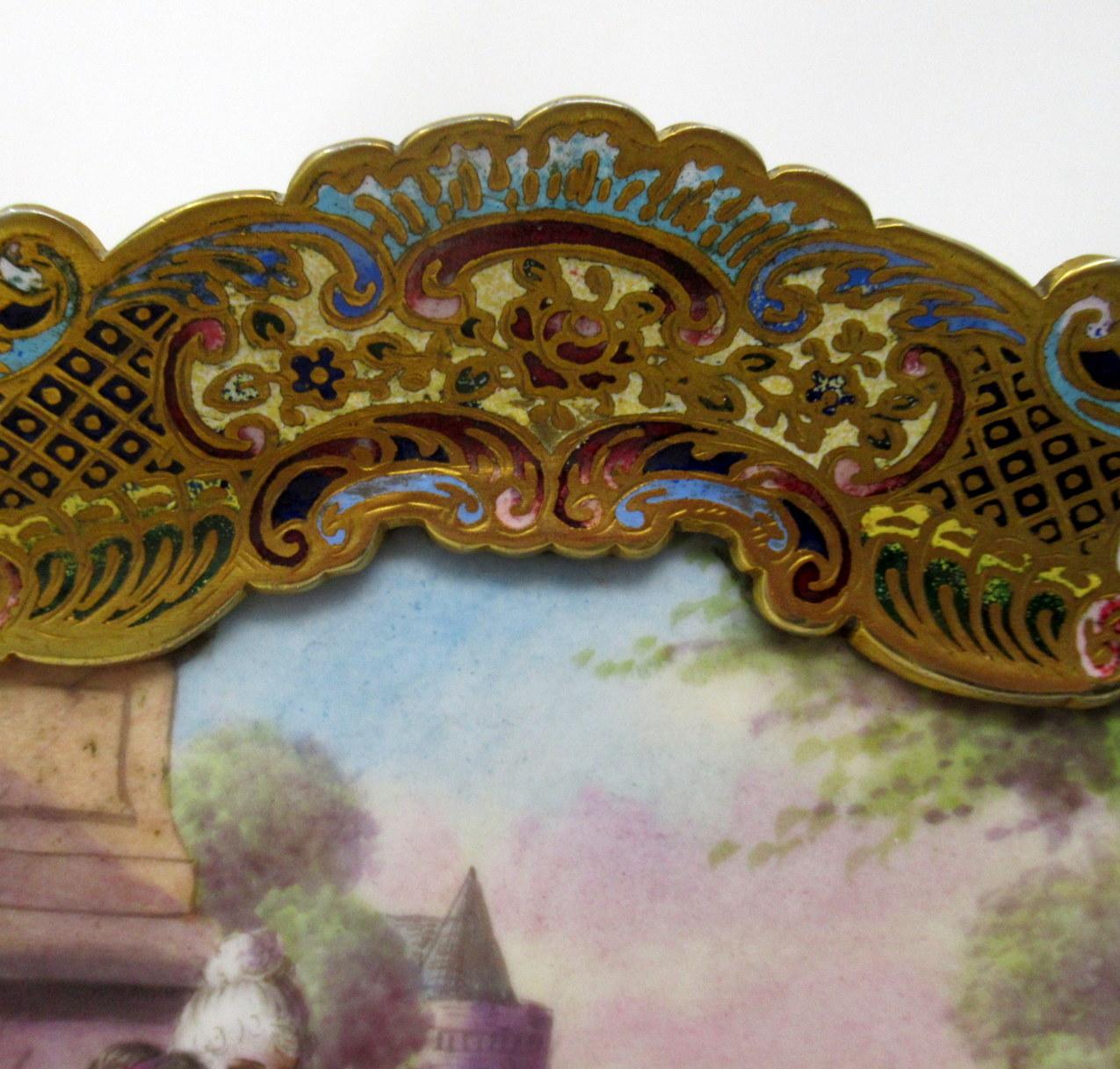 Antique Champleve Enamel Hand Painted Sevres Porcelain Ormolu Bronze Tray Signed 1