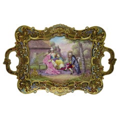 Antikes handbemaltes Tablett aus Sevres-Porzellan mit Champleve-Emaille und Goldbronze, signiert