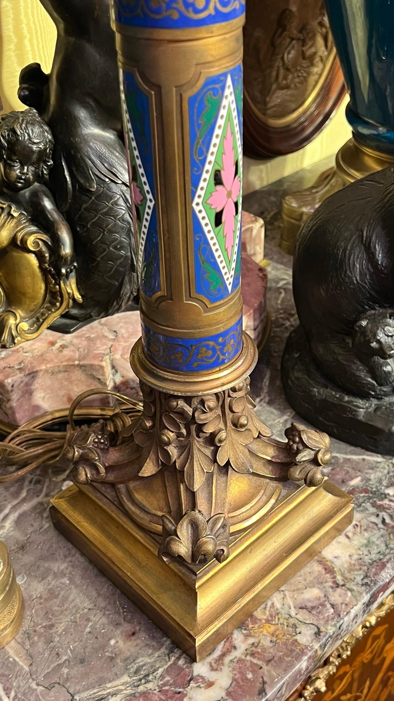 Antique Champleve Enameled Bronze Table Lamp Attributed to Caldwell  For Sale 7