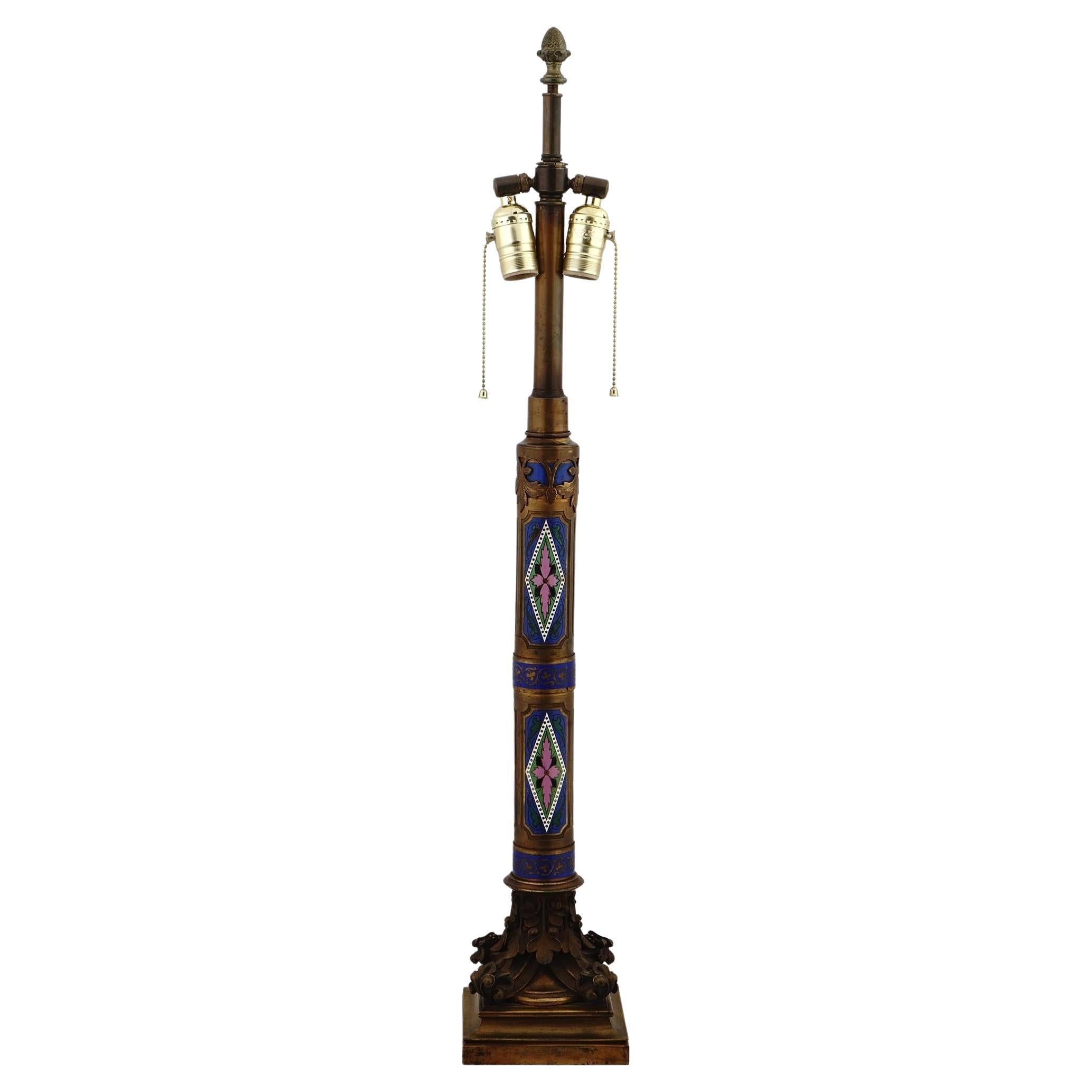 Lampe de table antique Champleve en bronze émaillé attribuée à Caldwell  en vente