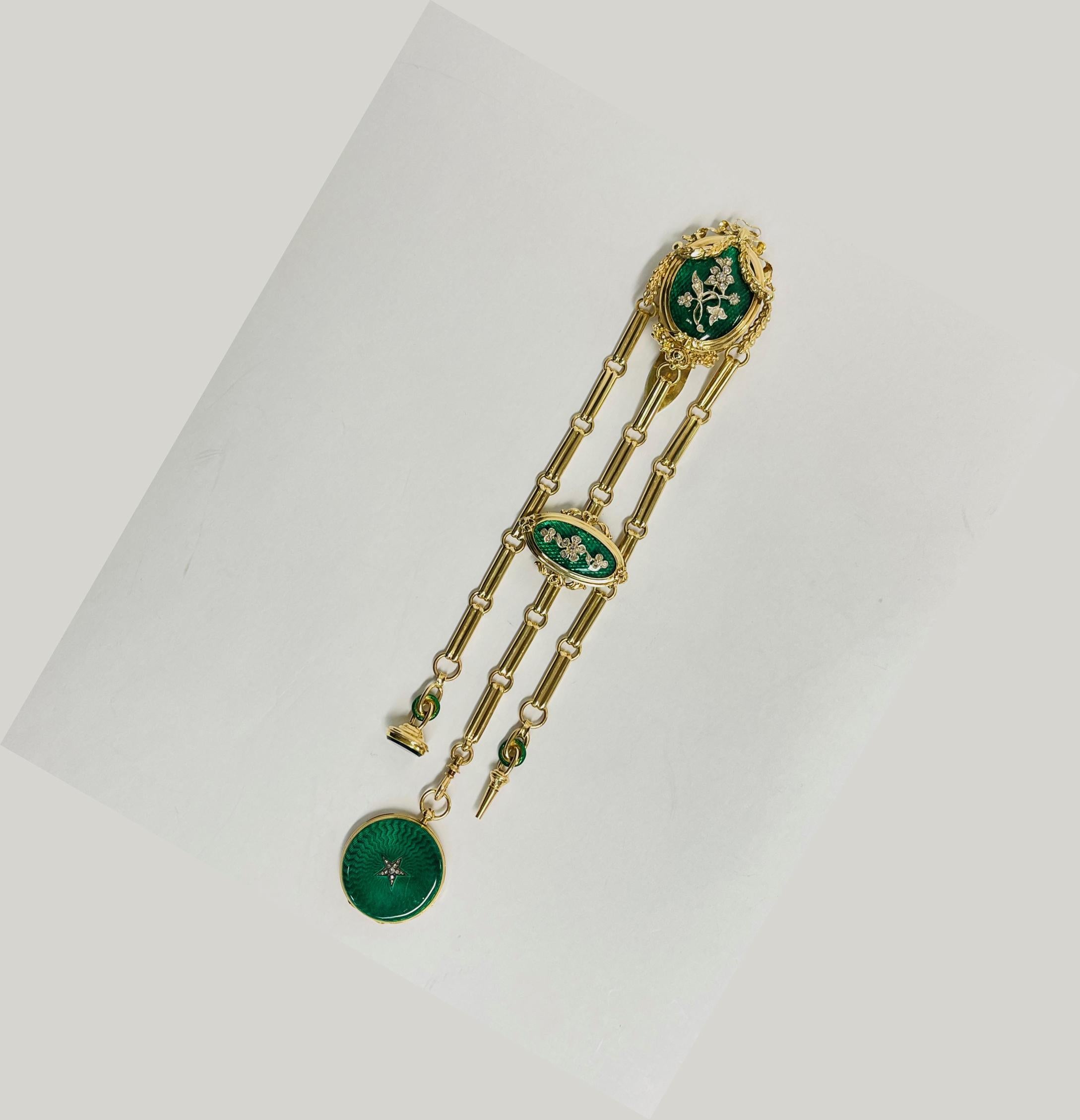 Antike Champlevé Grün Emaille Diamant Châtelaine und Uhr Estate Fine Jewelry (Viktorianisch) im Angebot