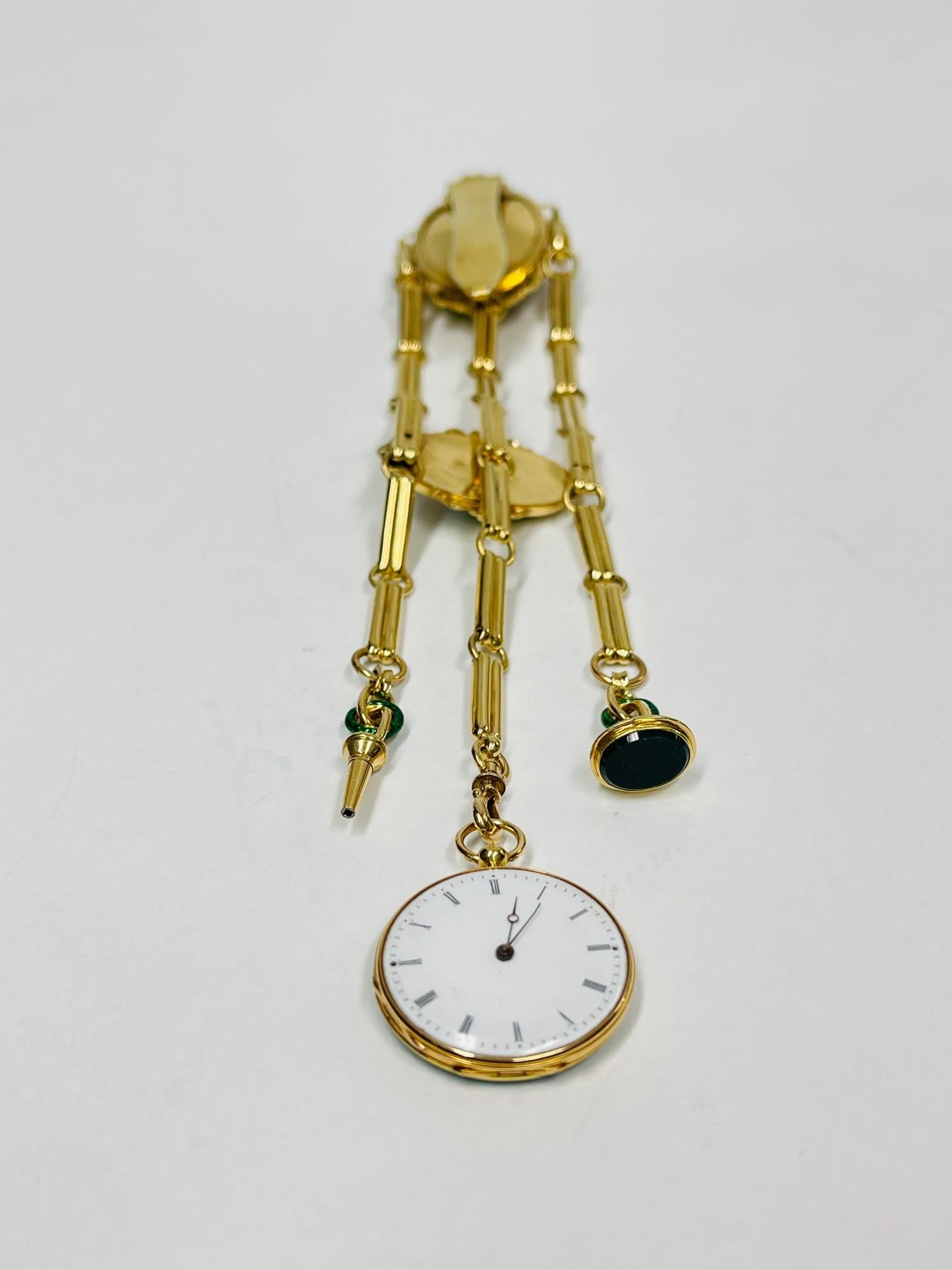 Antike Champlevé Grün Emaille Diamant Châtelaine und Uhr Estate Fine Jewelry (Alteuropäischer Schliff) im Angebot