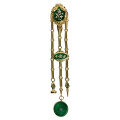 Antique Champlevé Green Enamel Diamond Châtelaine and Watch Estate Fine Jewelry