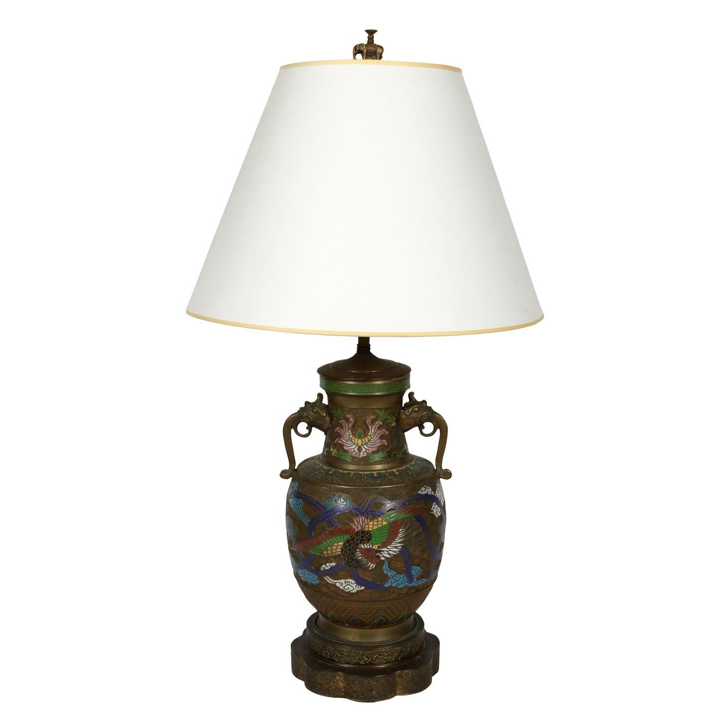 Antique Champlevé Handled Urn Mounted as Lamp In Good Condition In Locust Valley, NY
