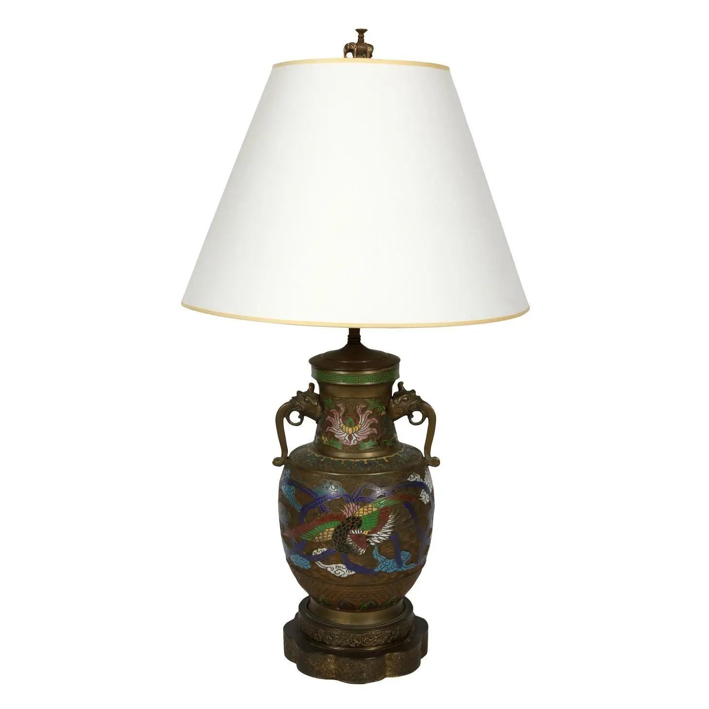 Chinoiserie Antique Champlevé Handled Urn Mounted as Lamp For Sale