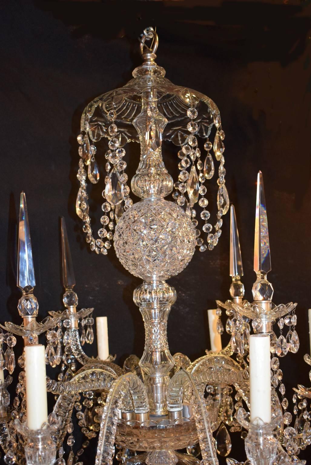 Very fine late 19th century George III chandelier originally for candles, now electrified. Eight lights.