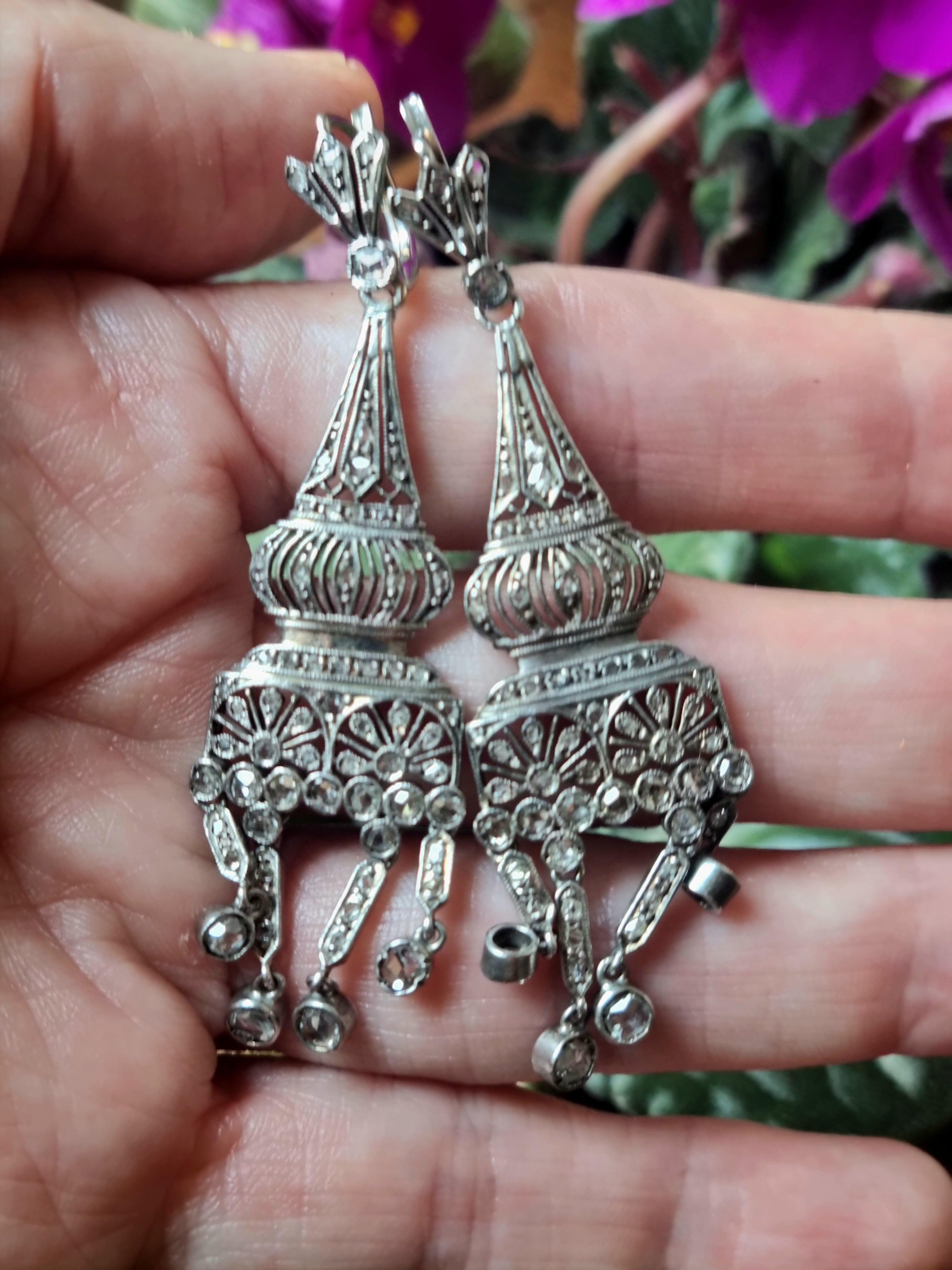 Boucles d'oreilles chandelier anciennes avec diamants taillés en rose, monture en argent, vers 1900 en vente 2