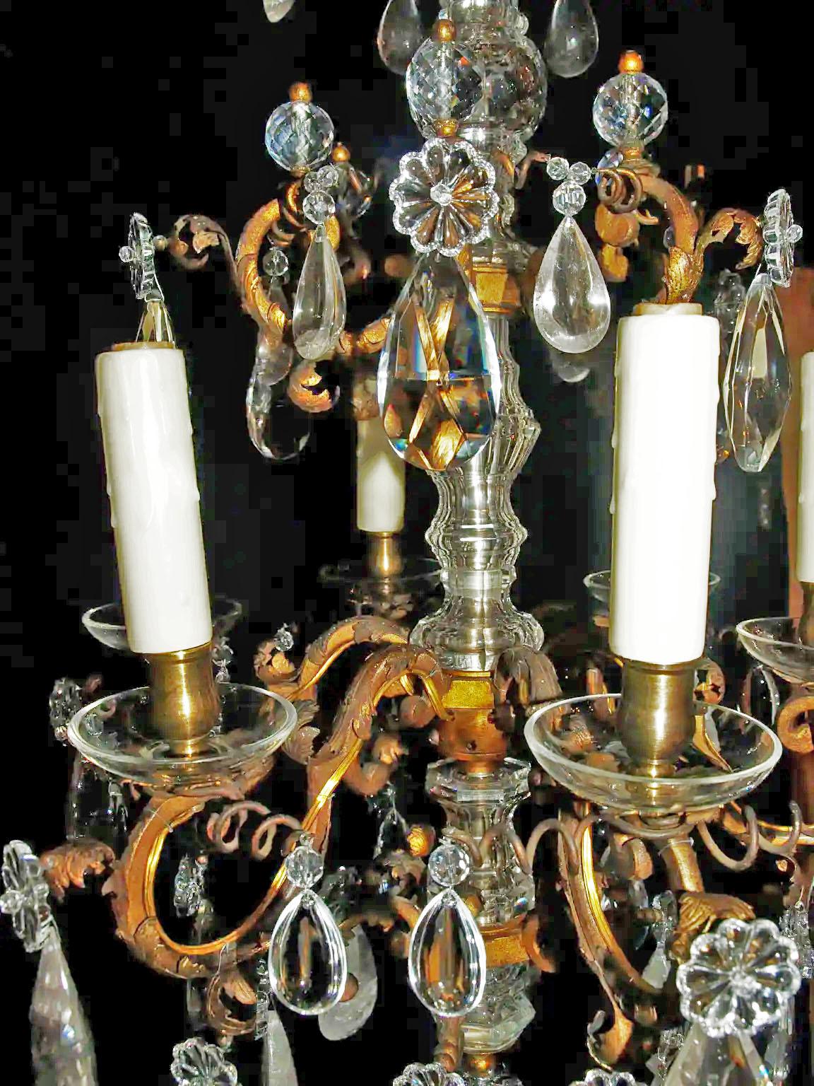 Very fine gilt bronze and rock crystal cage style chandelier, six lights