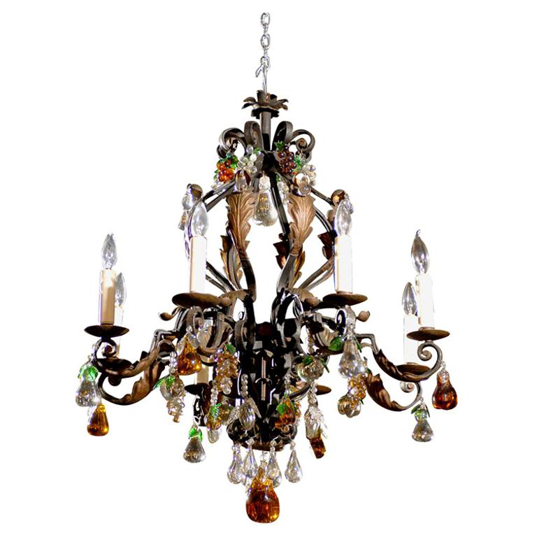 Antique Chandelier. Fine iron chandelier with crystal fruit For Sale