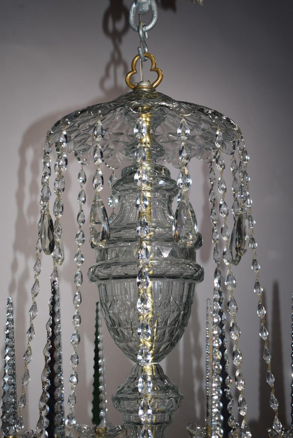Magnificent all original mint condition crystal George III chandelier, eight lights.