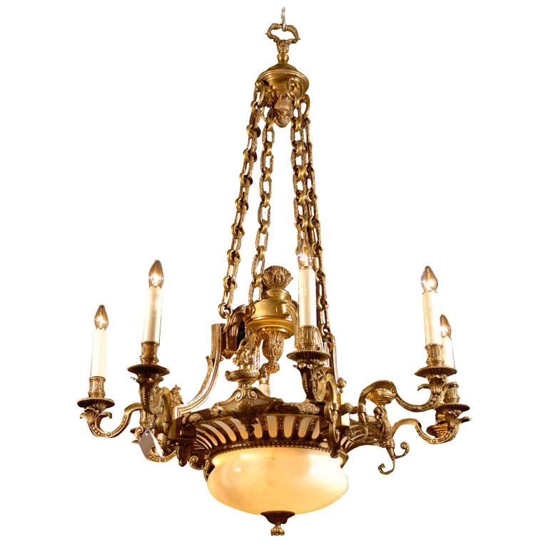 Antique Chandelier. Gilt bronze and alabaster chandelier