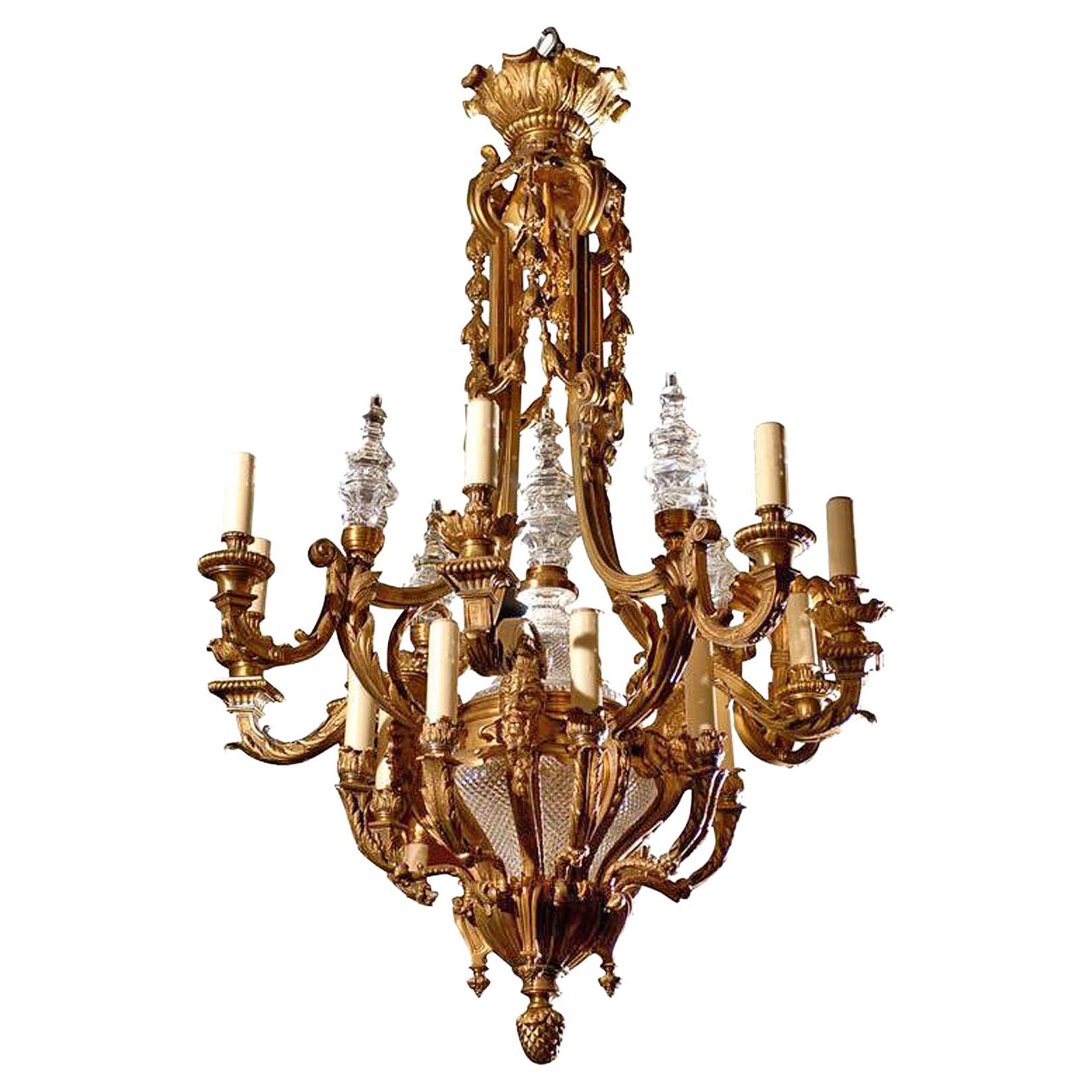 Antique Chandelier. Gilt bronze chandlier with crystal For Sale