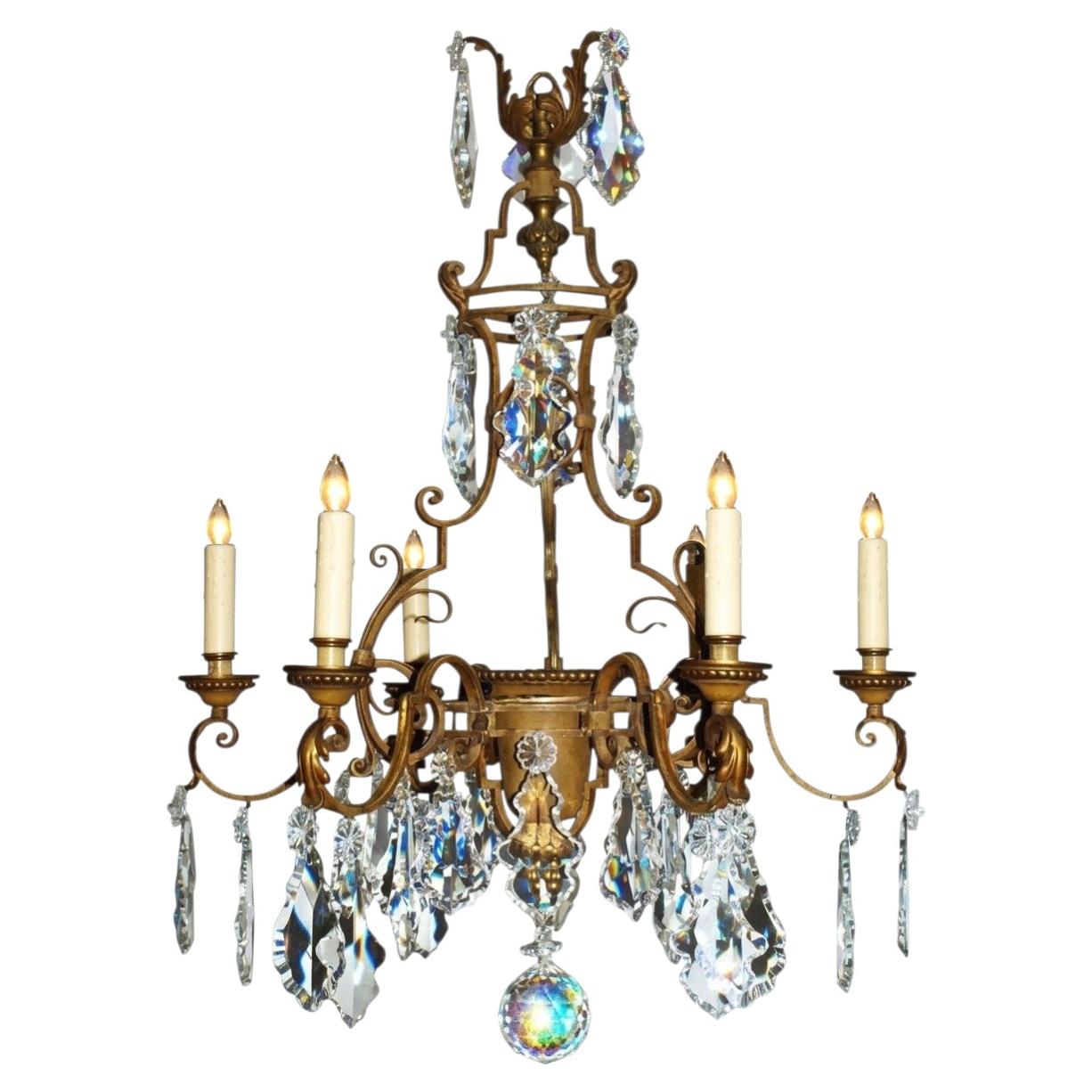 Antique Chandelier. Gilt Iron Chandelier with Crystal For Sale